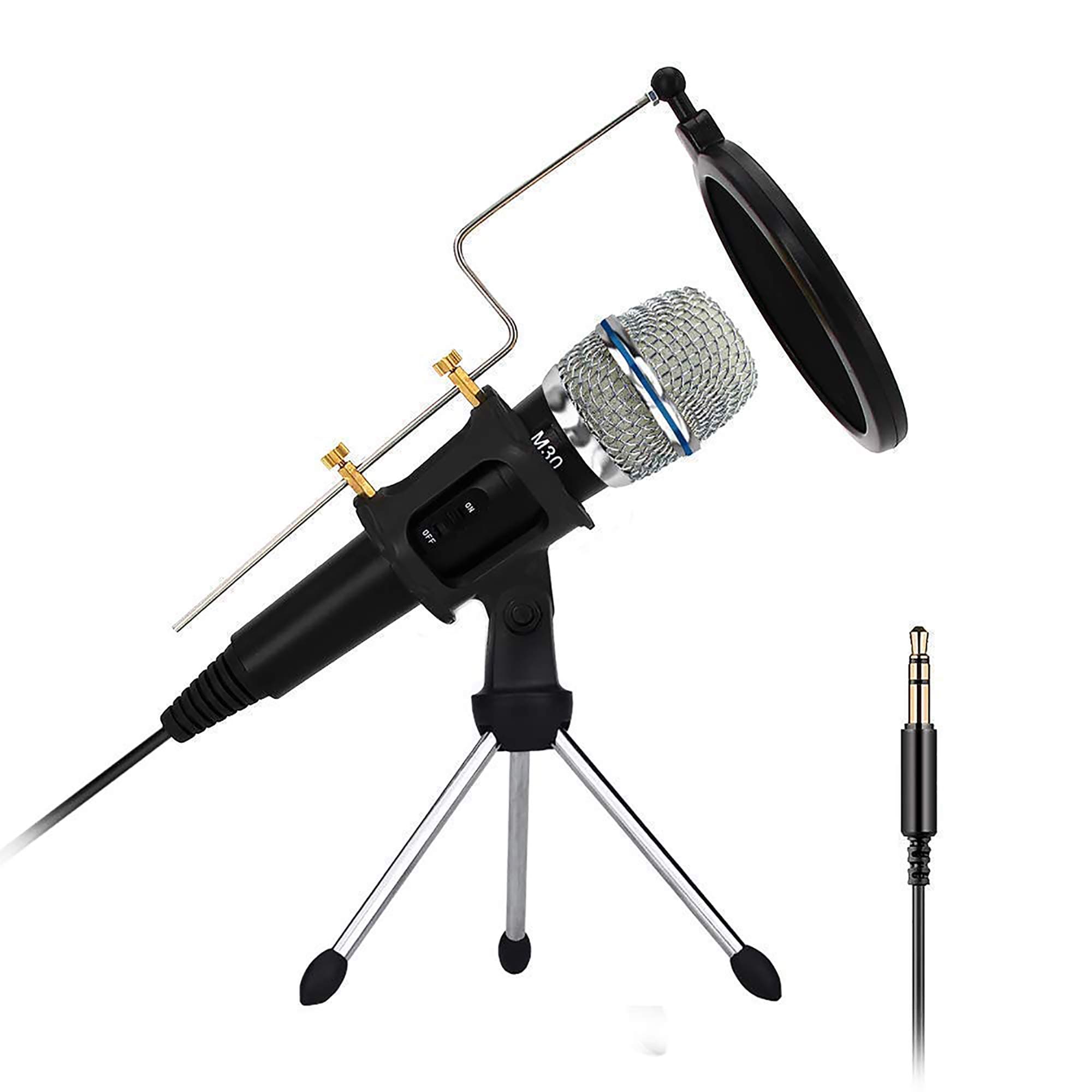 XIAOKOA PC/Phone Microphone, 3.5mm Jack Handheld Mic with USB Sound Adapter, Tripod Stand and Pop Filter for YouTube, MSN, Facebook, Skype Online Chatting, Gaming, Recording, Podcasting (Windows/Mac)