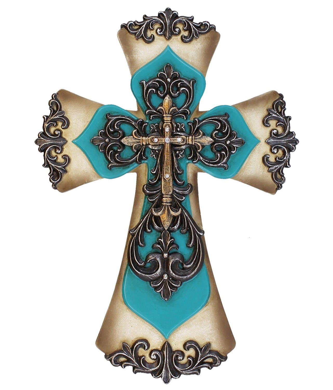 Old River Decorative Layered Teal Tuscan Wall Cross Scrolly Fleur De Lis
