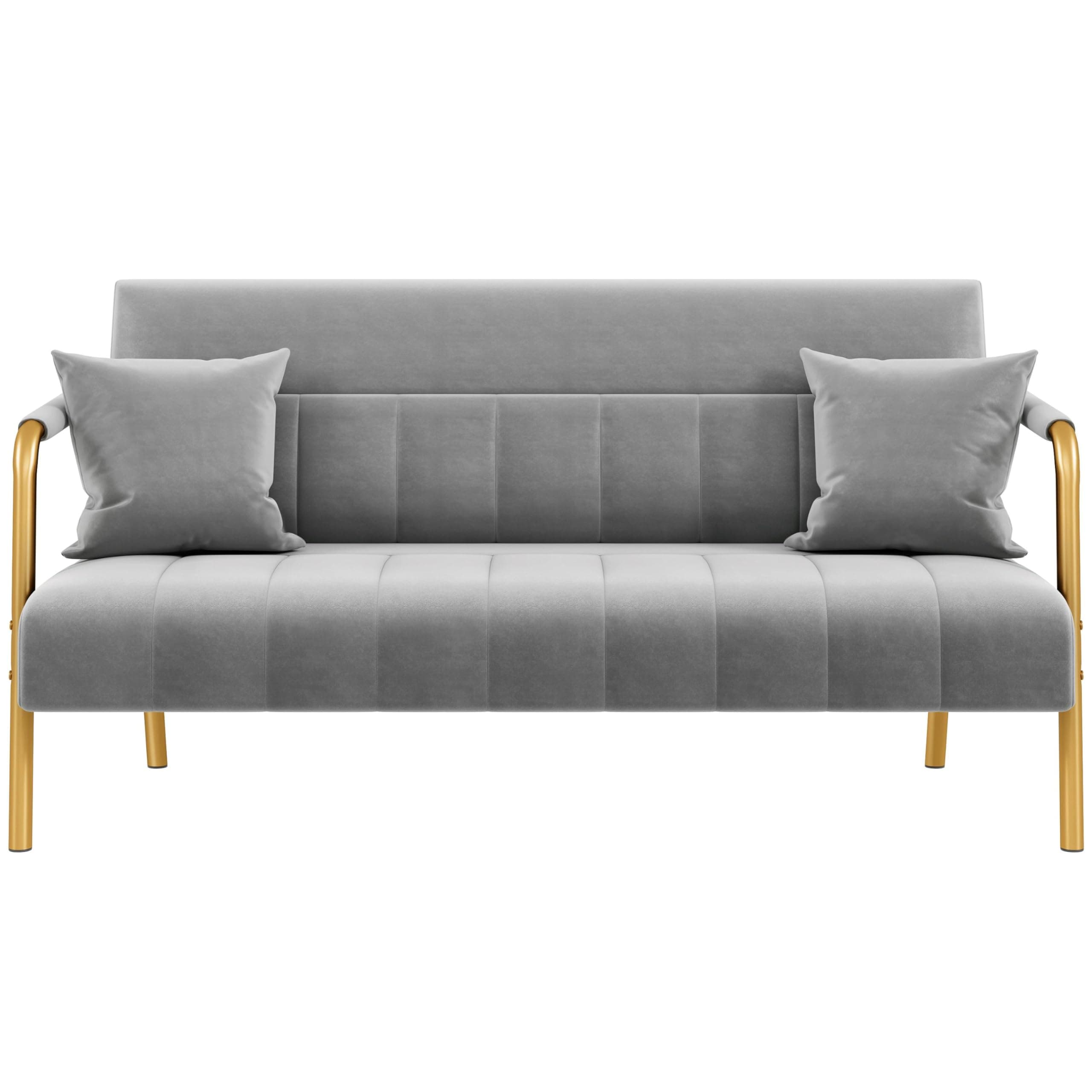 Yaheetech 56.5" W Modern Sofa Small Sofa Luxurious Velvet Fabric Couch with Gold-Tone Metal Arms and Legs for Living Room, Home Office, Studio Light Gray