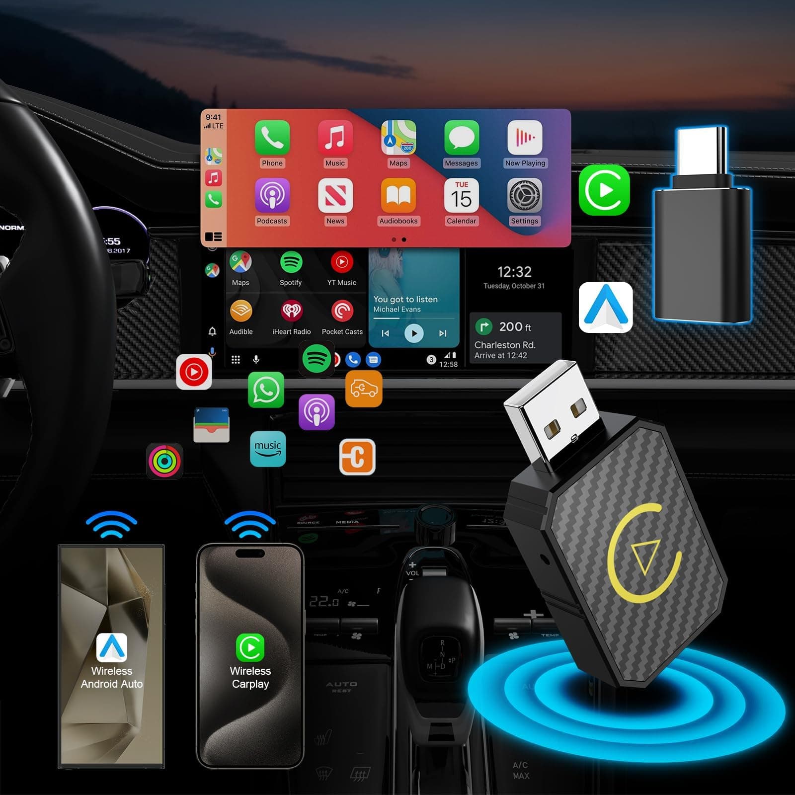 Mini Android Auto & CarPlay Wireless Dongle, 2-in-1 Wireless CarPlay Adapter for iPhone IOS 10+/Android 11+, USB-C/USB
