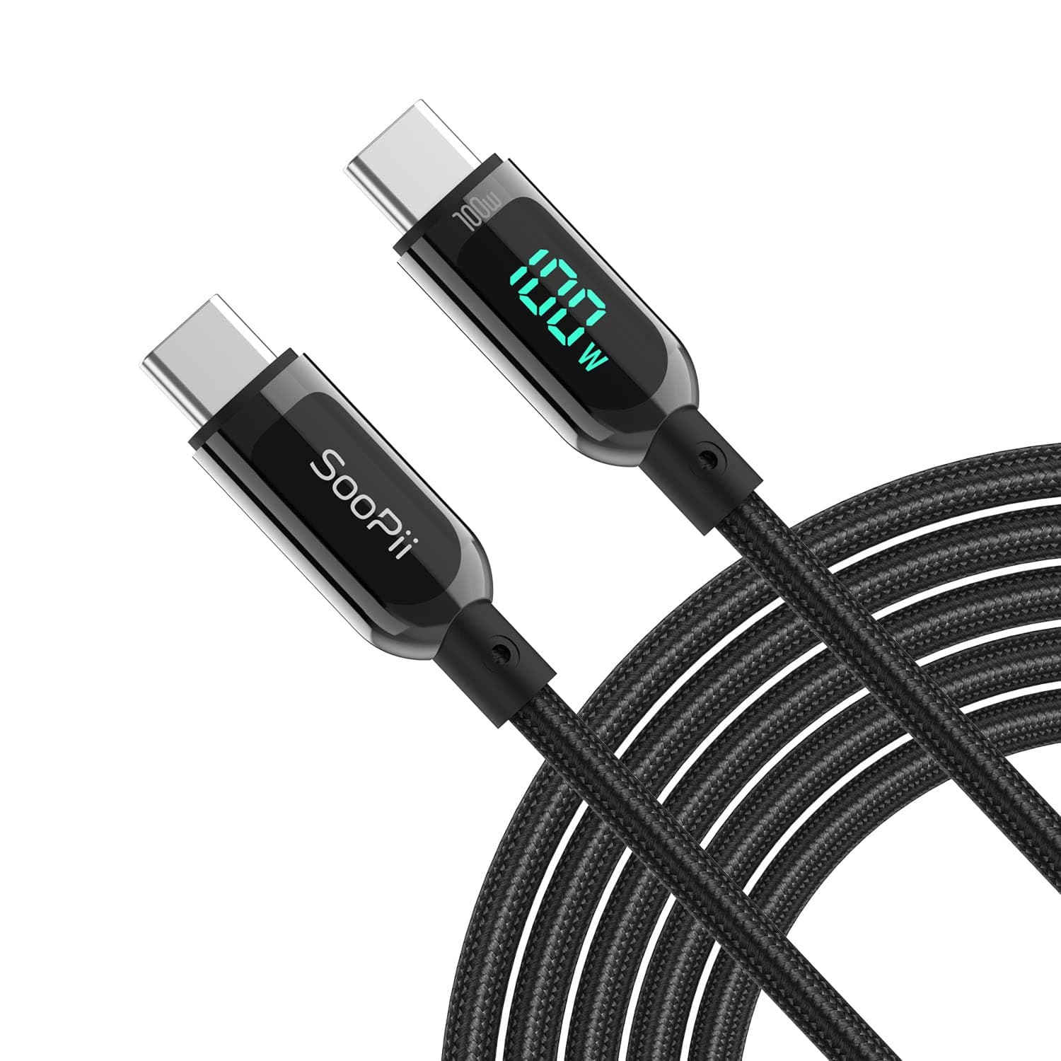 SOOPII 100W 4ft USB C to USB C Cable Fast Charge, Nylon Braided Cable with LED Display for lPhone 16/15 Pro/15 Plus/15 Pro Max,lPad Air,MacBook Pro,Galaxy S24/S23, Pixel, LG (Black)