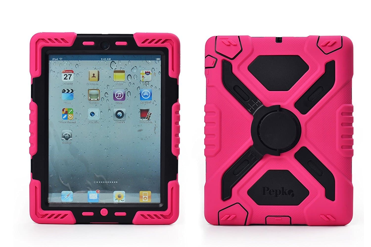 Pepk iPad Mini Silicone Plastic Protective Dual Layer Shock Absorbing Kid-Proof Case Built in Stand Designed for The Apple iPad Mini 1/2/3 (Rose/Black)