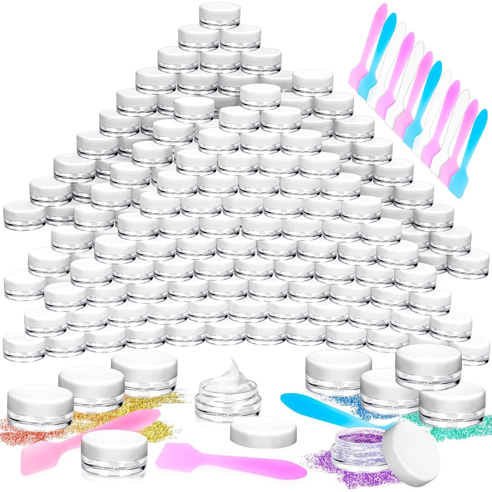 MotBach 100 Pcs 3g Empty Plastic Containers with White Lids,Tiny Makeup Sample Containers, Small Pot Jars Clear Round Cosmetic Jars with 20 Pcs Mini Spatulas for Liquid Sample Powder Creams