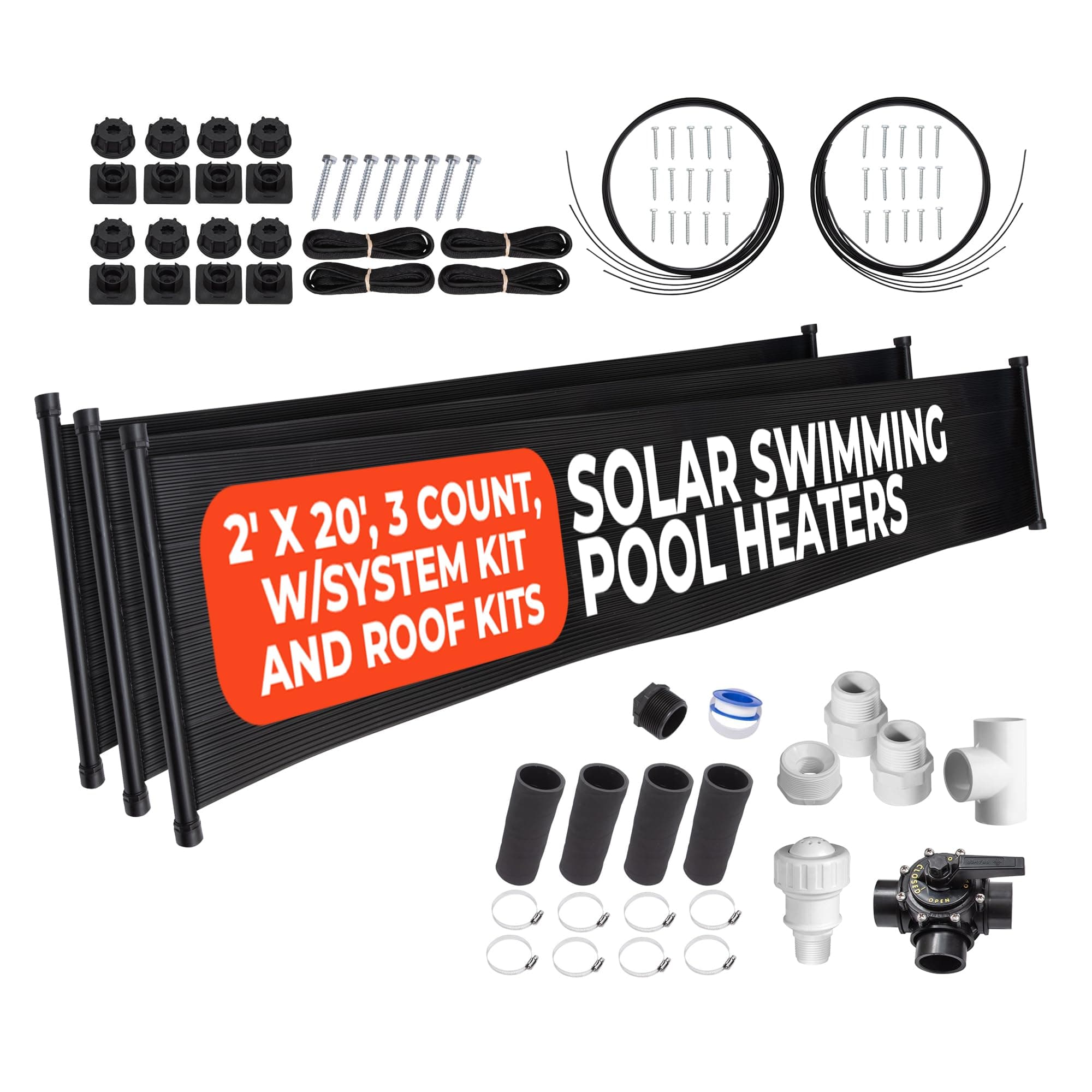 SunQuest Complete Pool Heater System - 3 (2ft x 20ft) Panels w/Bypass and Roof Kit - Solar Heater for Above Ground & Inground Swimming Pools - Tube on Web Design Panel-Polypropylene UV Resistant