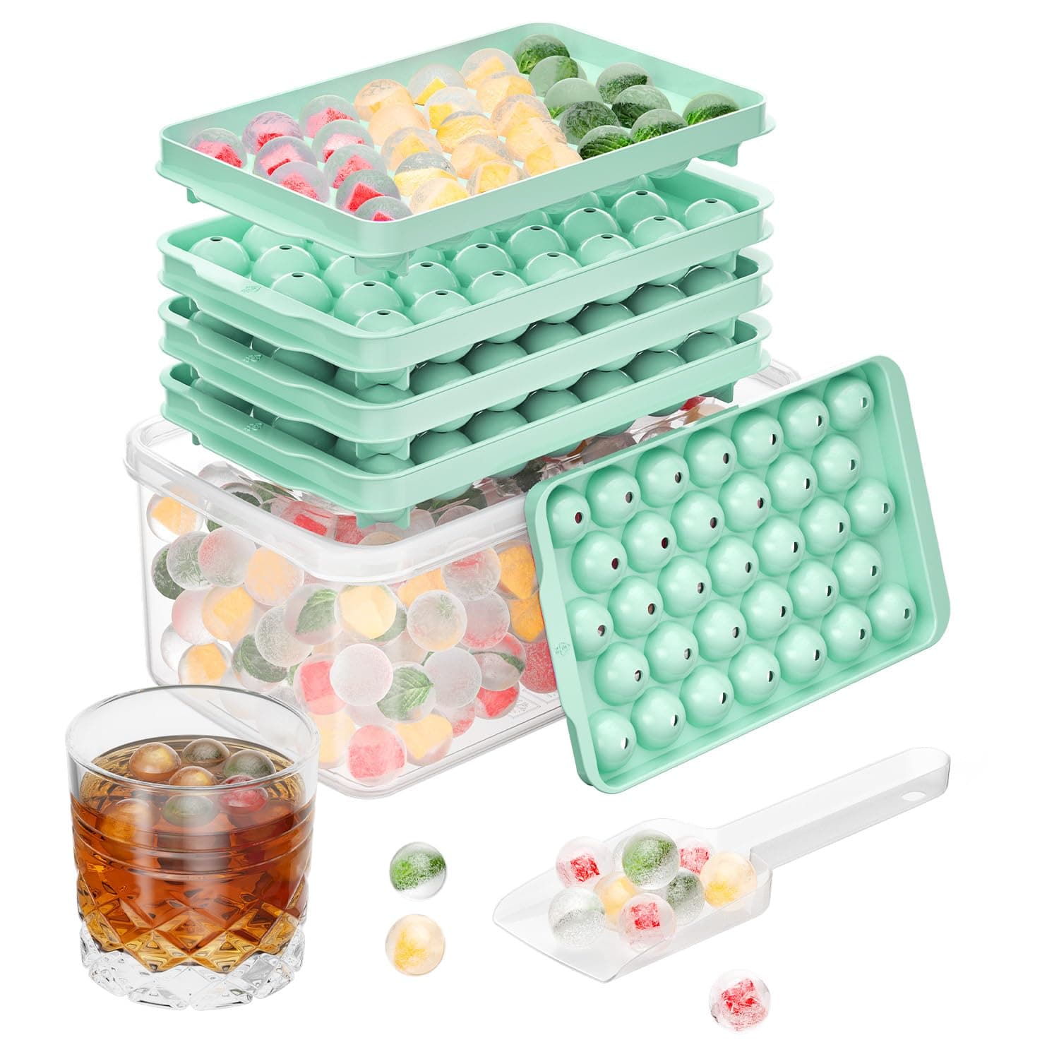 3 Pack Ice Trays for Freezer, 99 PCS Ice Cube Tray with Lid and Bin, Round Ice Cube Mold, Circle Ice Maker for Chilling Drinks (0.8 inch, Green)