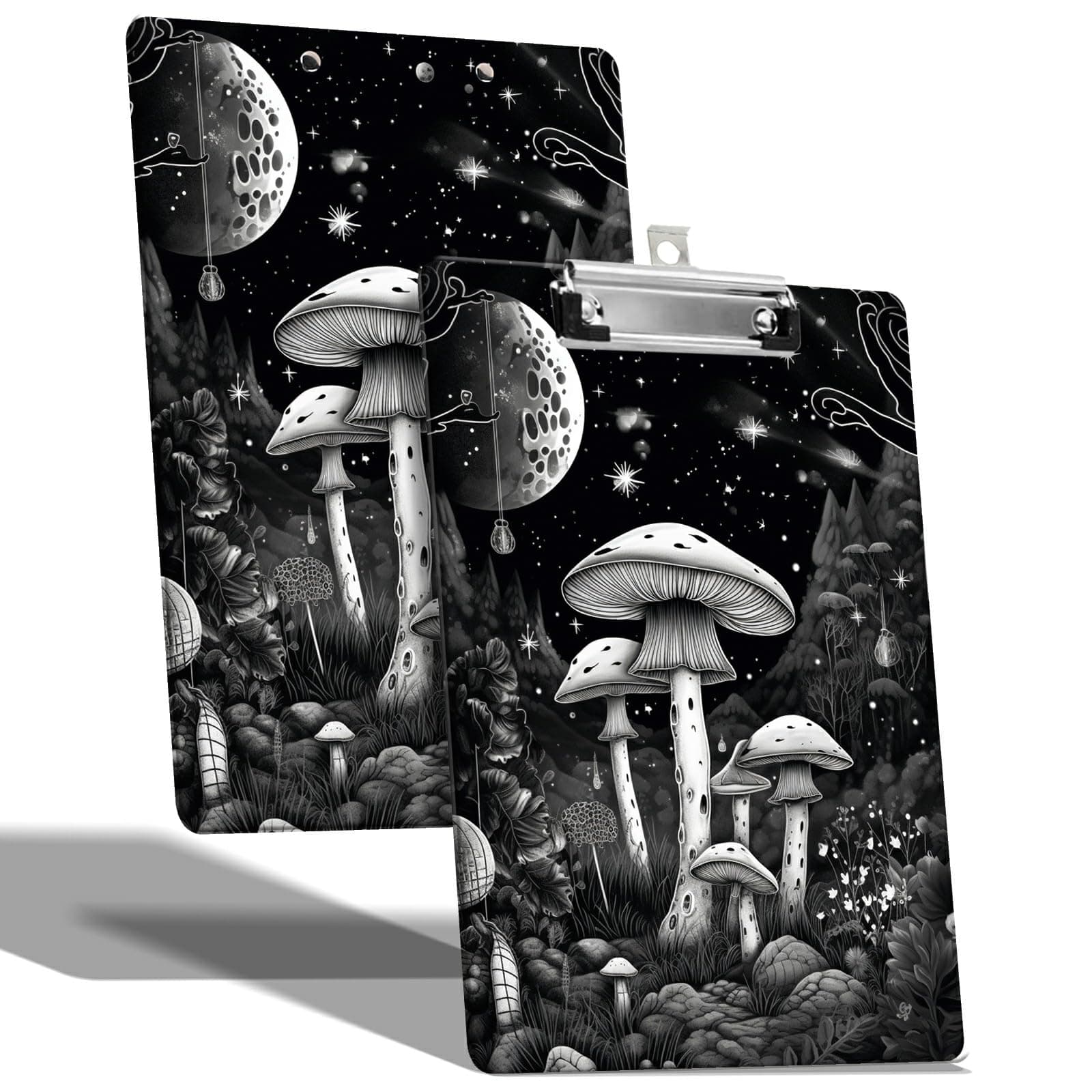A4 Size Clipboard with Hanging Hook and Low Profile Clip, Plastic Nurse Clipboard Writing Drawing Board with Double-Side Moonnight Mushroom Print for Woman Kids Office School Use