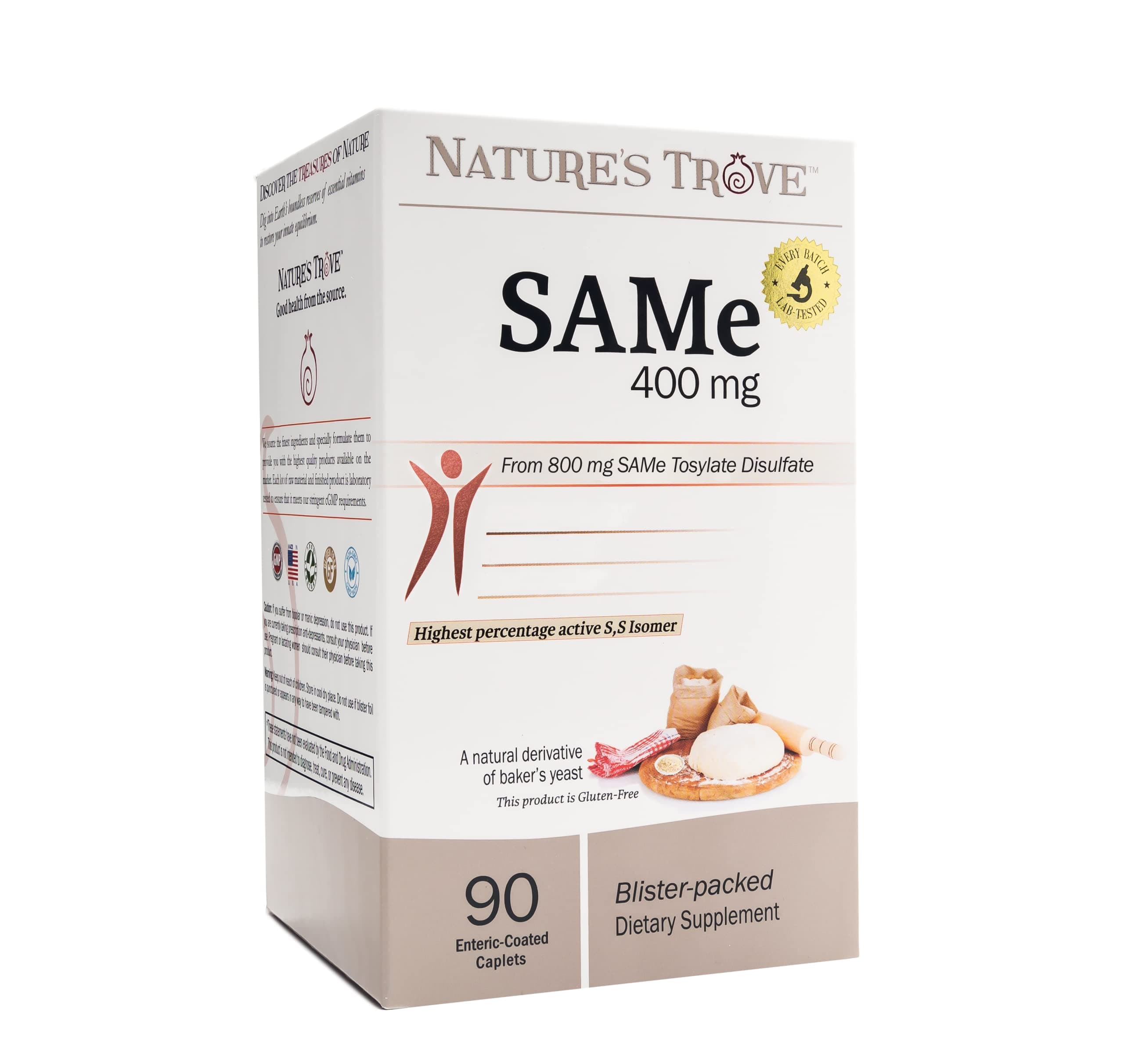 SAM-e 400mg 90 Enteric Coated Caplets. Vegan, Kosher, Non-GMO Project Verified, Soy Free, Gluten Free - Cold Form Blister Packed.