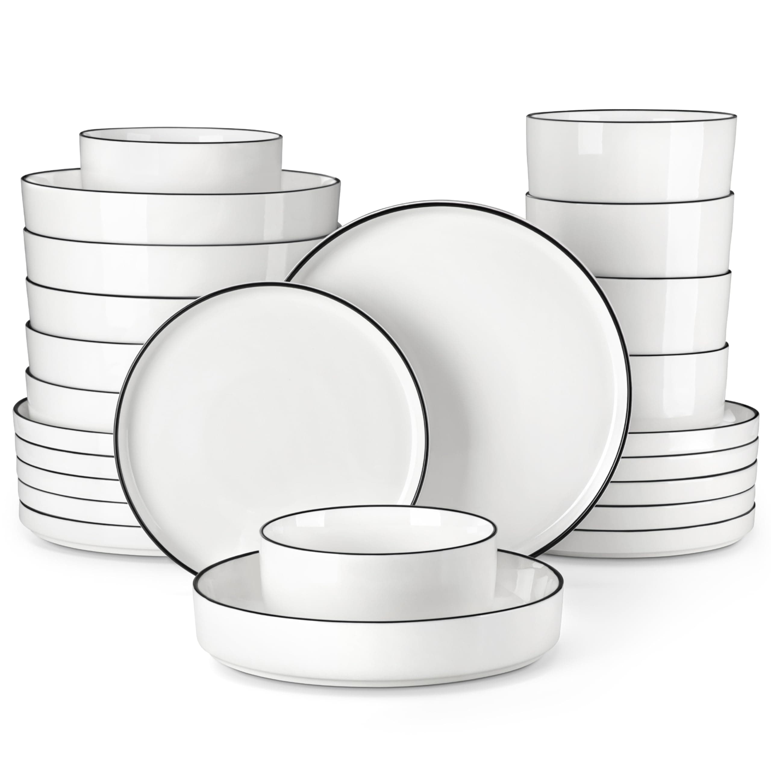 MALACASA 24-Piece Porcelain Dinnerware Set, Dish Set for 6, Premium Plates and Bowls Sets, Chip and Scratch Resistant, White with Black Rim, Series LEAH