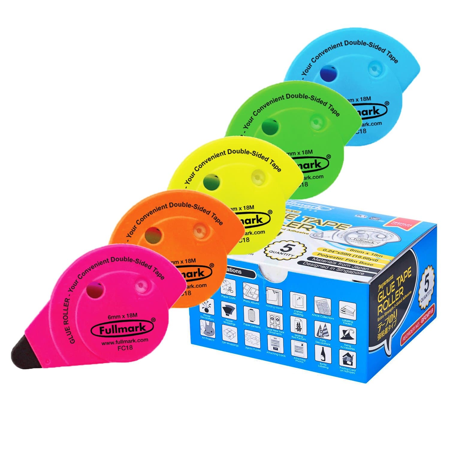Fullmark Glue Tape Roller/Permanent Adhesive School Craft, 0.2" X 708 Inches each, Assorted colours, 5 pack