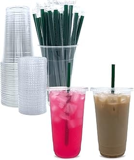Aatriet [50 Sets] 32 oz Clear Plastic Cups with Lids and STRAWS, Disposable Party Cups for To Go Iced Coffee Cold Drinks, Smoothie, Juice, Parfait, Frappuccino, Milkshake. No Leaking Fruit Cup