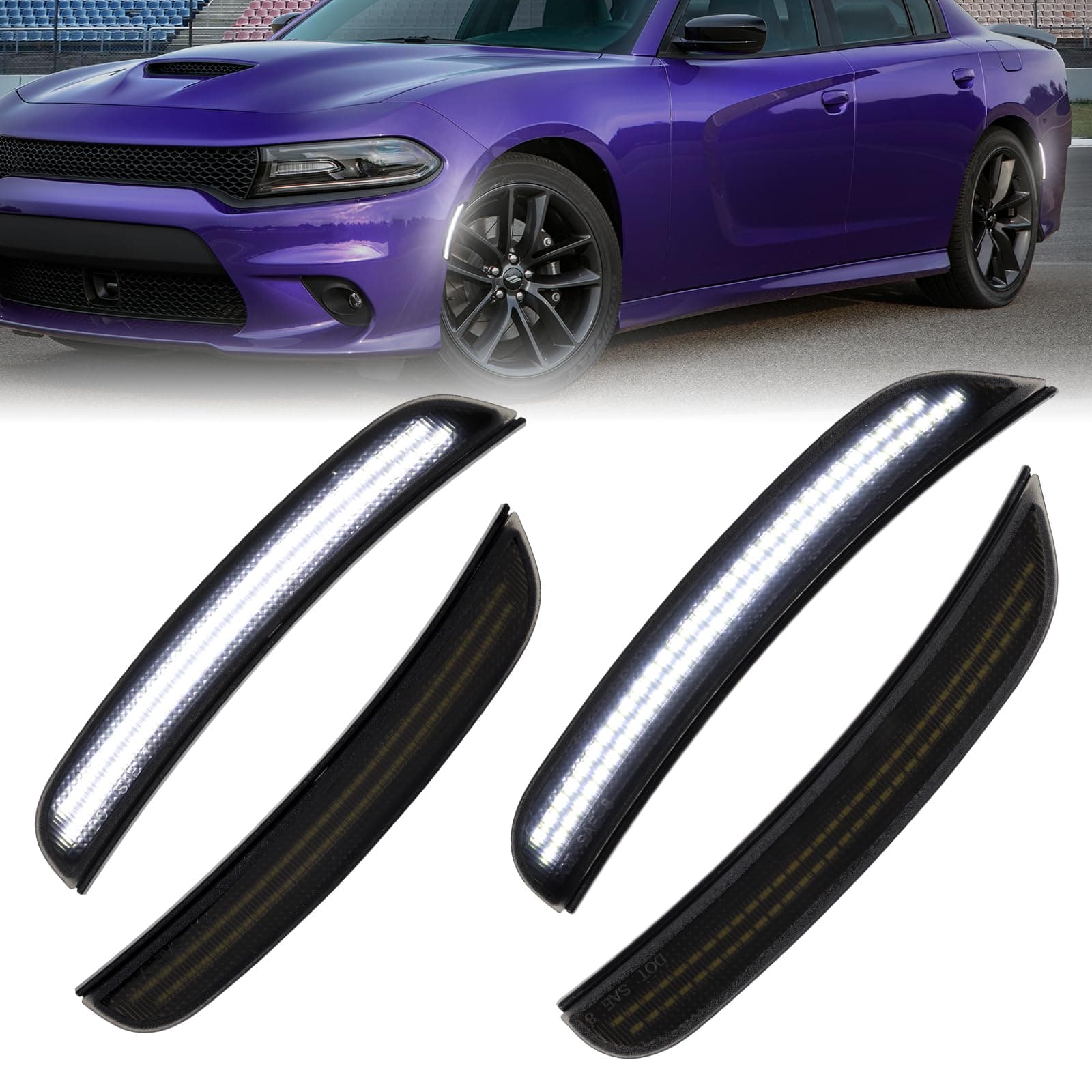 LED Side Marker Lights Bumper Lamp For Dodge Charger 2015-2022, Smoked Lens Front Rear Bumper Lights White LED Side Mirror Singnal Lights, Dual Row LED