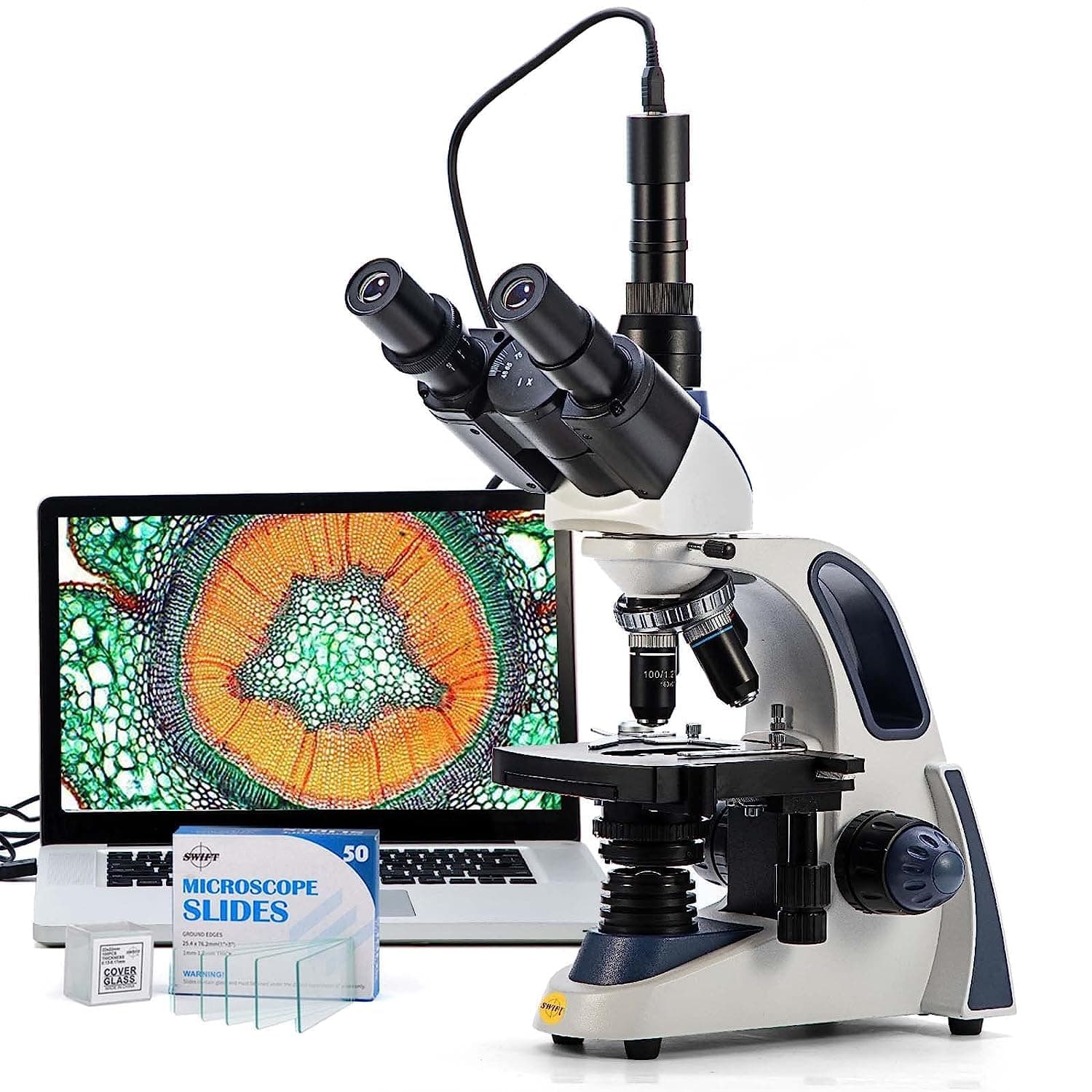 Swift SW380T Compound Trinocular Microscope, 40X-2500X Magnification, Two-Layer Mechanical Stage, 5.0 MP Camera and Software Windows/Mac Compatible and 100 PCS Blank Slides