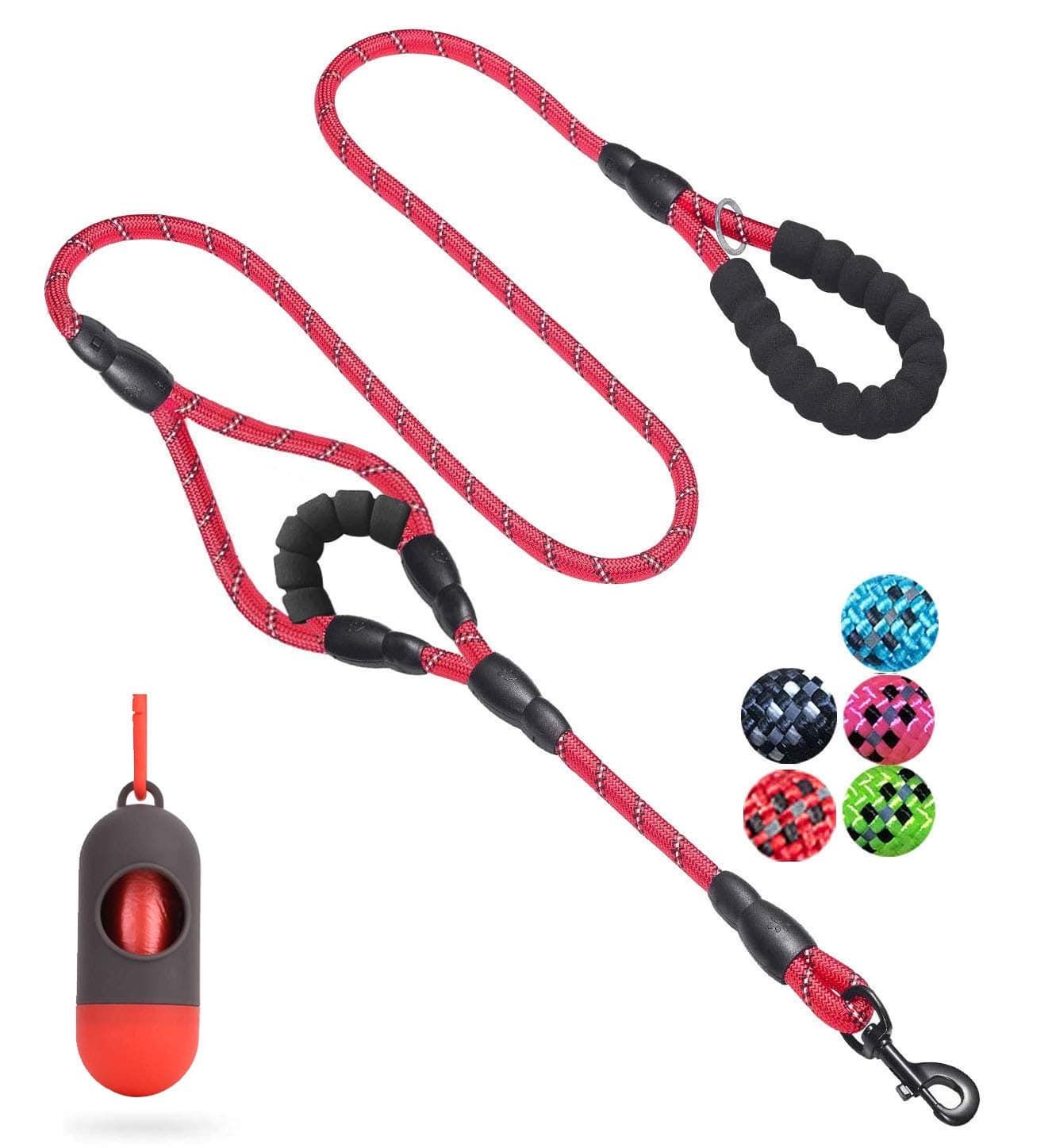 JSXD 5 FT Heavy Duty Double Handle Dog Leash with Comfortable Padded and Reflective Rope, for Small to Large Dogs (Rope-Red)