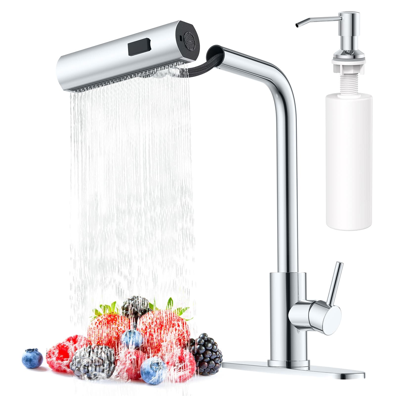 Waterfall Kitchen Faucets with Pull Down Sprayer & Soap Dispenser in Chrome, Single Hole, Single Handle, Pull Out Tap, Stainless Steel Sink Faucet, Suitable for Farmhouse Camper Laundry Rv Bar