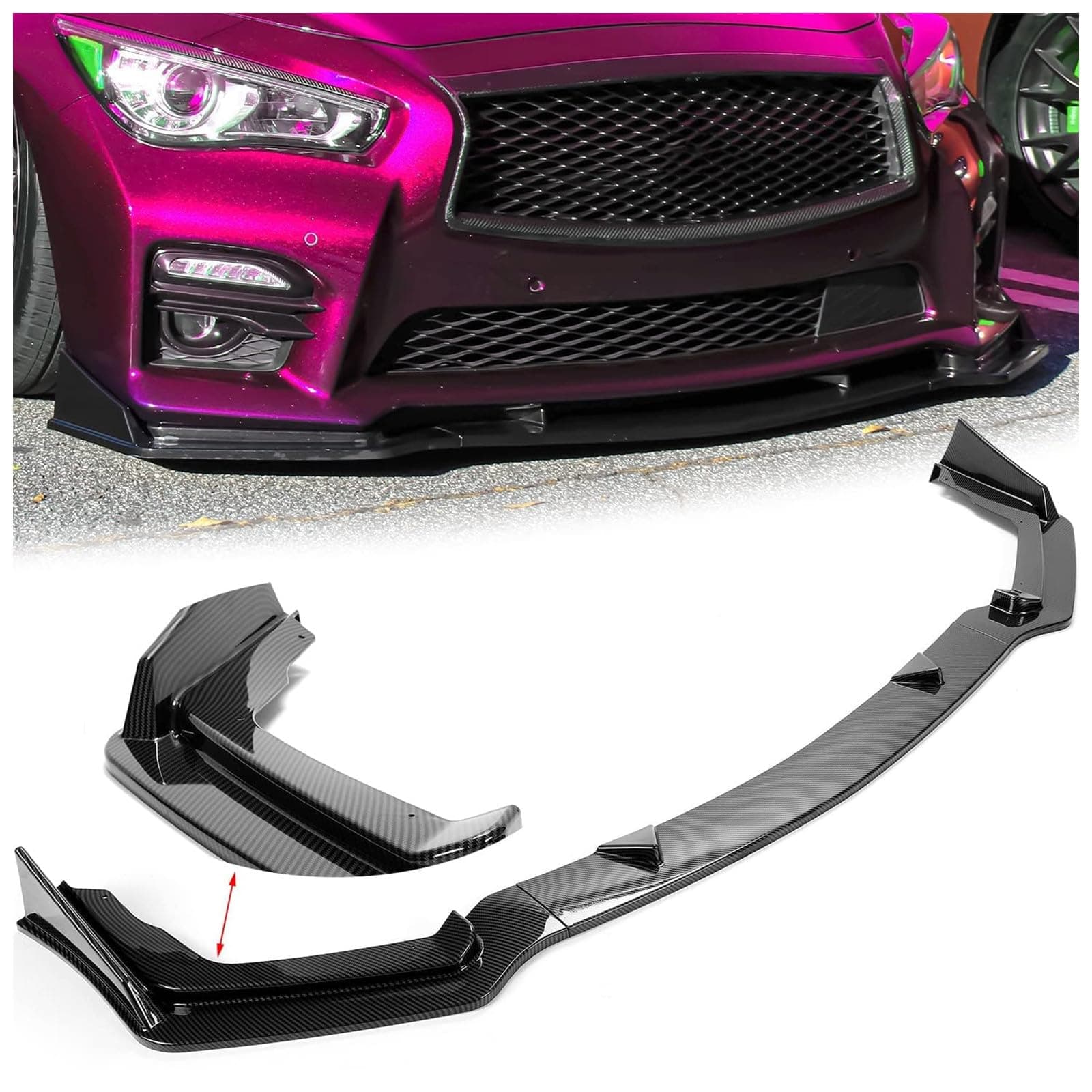Kojem 3-Piece Front Bumper Lip Spoiler Compatible with 2014-2017 Infiniti Q50 Sport Model Splitter Spoiler Trim Protection Carbon Fiber Color