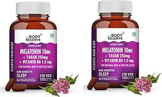 Melatonin 10mg with Tagar 250mg - 120 Veg Tablets for Natural Sleep Aid, Muscle Recovery, Nerve Relaxation, and Stress Relief - Non-Habit Forming Sleep Aid for Men, Women, Pack of 2