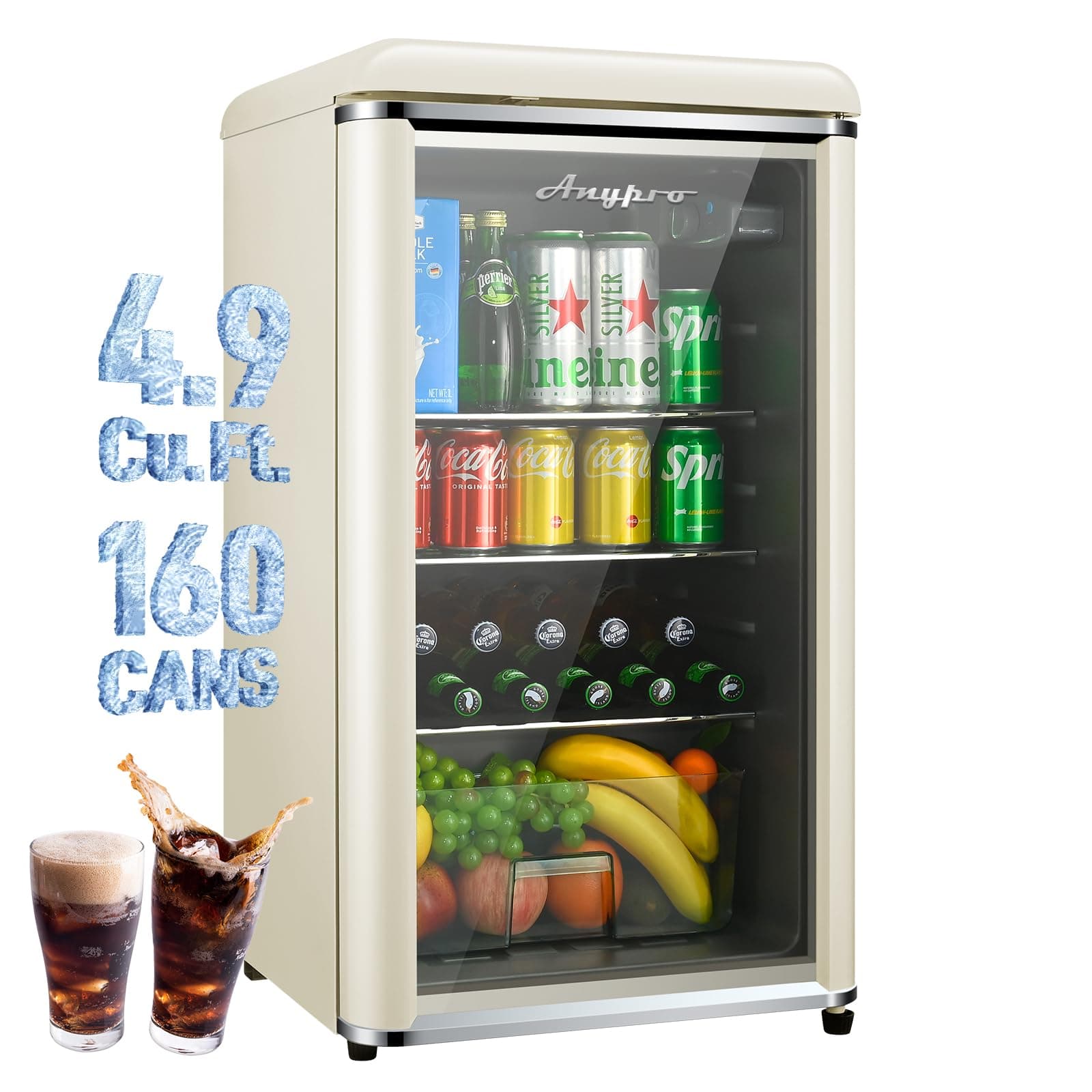 4.9 Cu.Ft Beverage Refrigerator, Retro Fridge with Tempered Glass Door, Wine Drink Beer Fridge for Dorm, Office, Bedroom, Bar, 7 Temperatures, Adjustable Removable Shelves