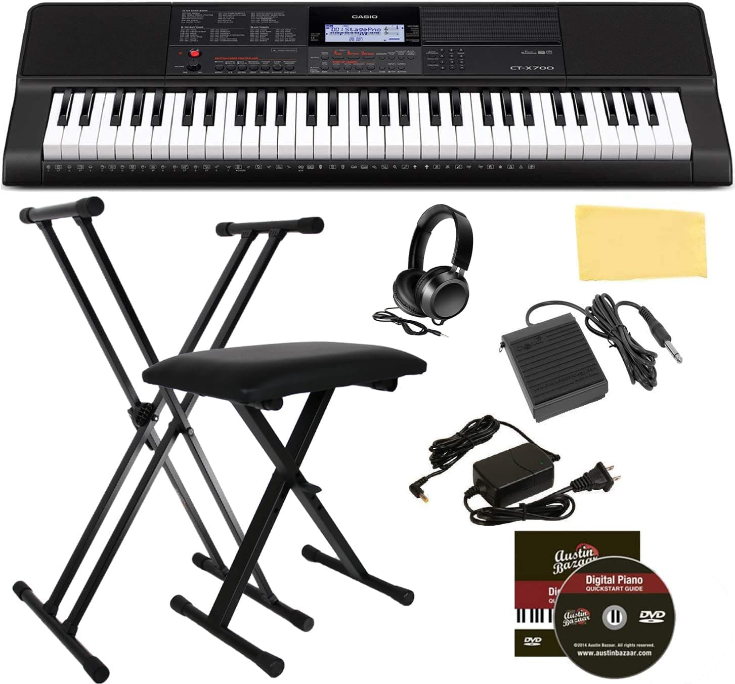 CT-X700 Portable Keyboard Bundle with Adjustable Stand, Bench, Headphones, Sustain Pedal, Power Supply, Instructional DVD, and Austin Bazaar Polishing Cloth