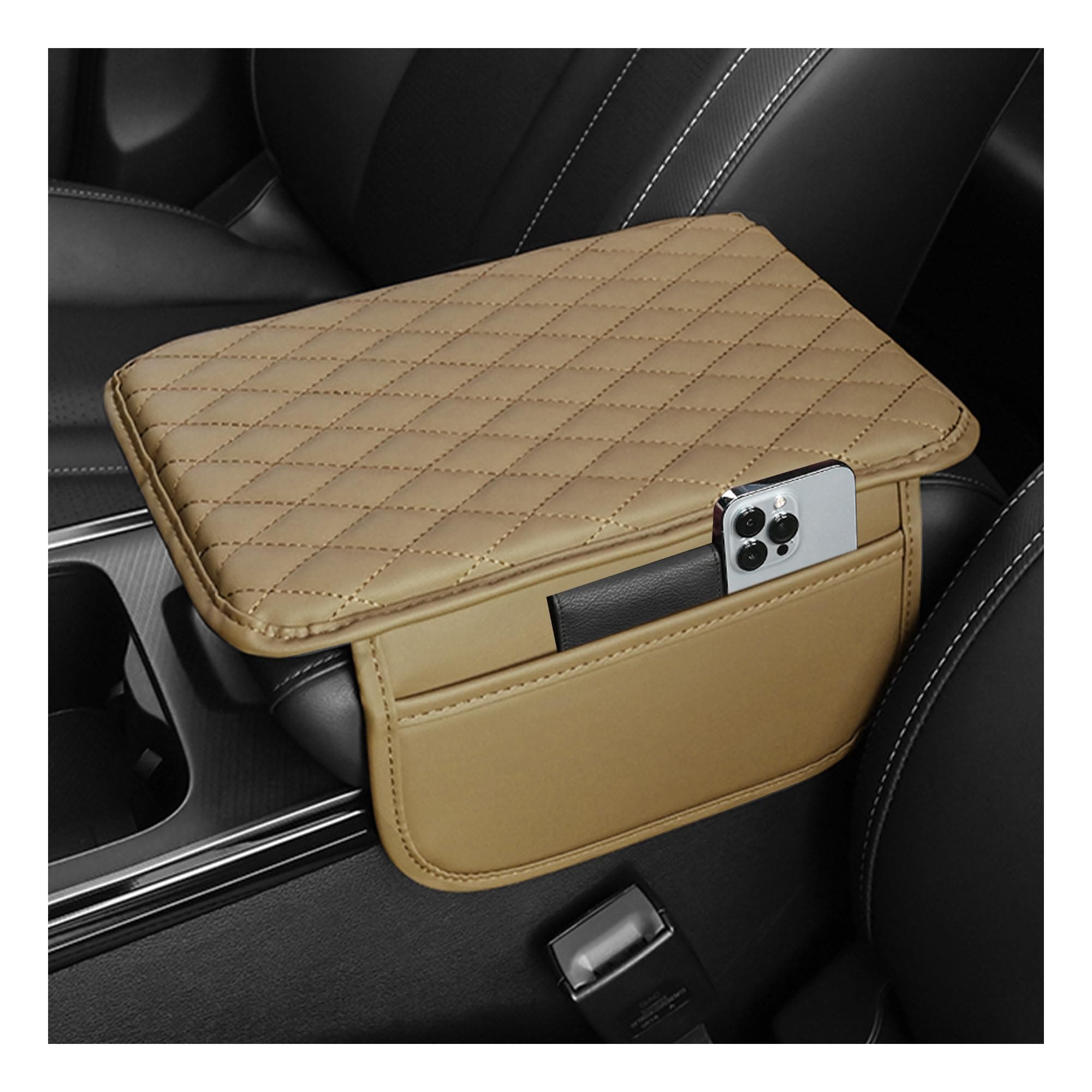 Stacool Upgraded Car Center Console Cover,Microfiber Leather Car Armrest Cover Cushion with 2 Storage Bags,Universal Car Armrest Storage Box (Beige)