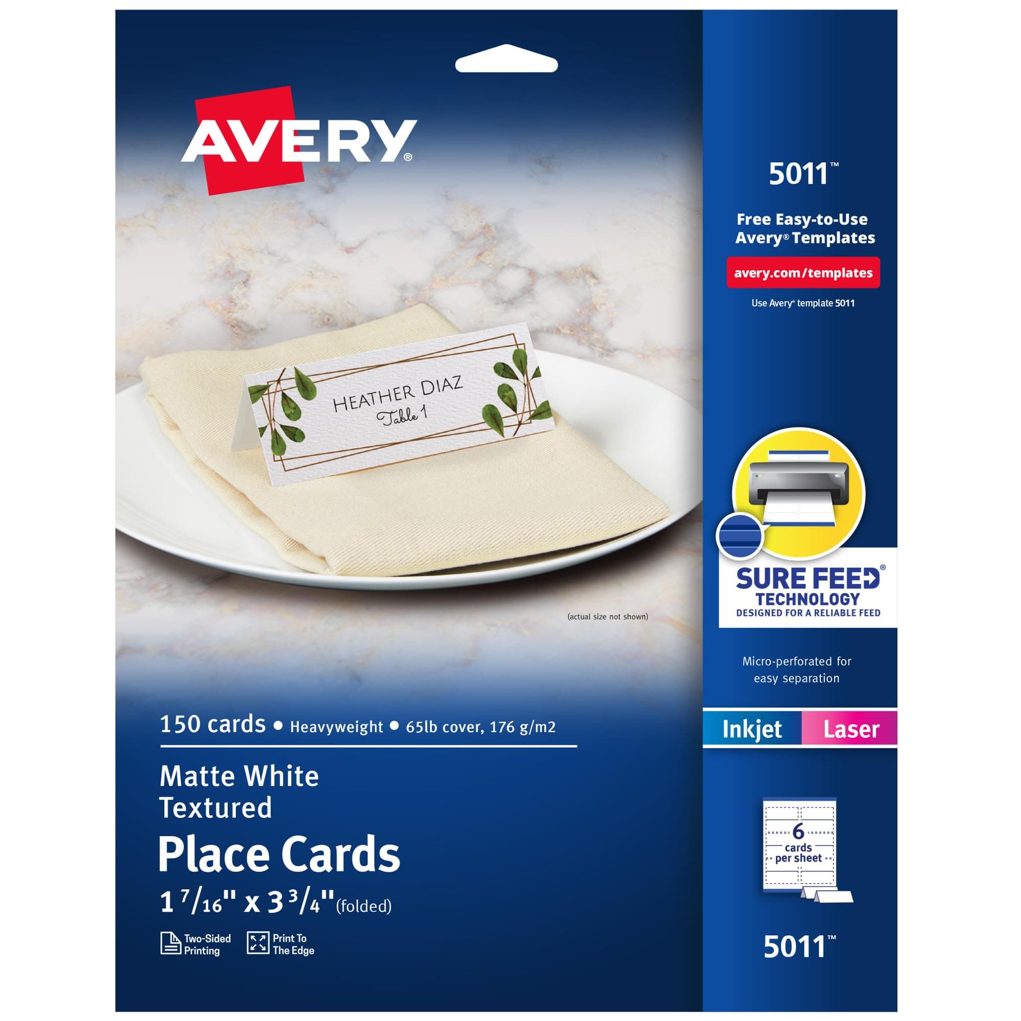 Avery Printable Place Cards with Sure Feed Technology, 1-7/16" x 3-3/4", Matte White, 150 Blank Tent Cards for Laser or Inkjet Printers (5011)