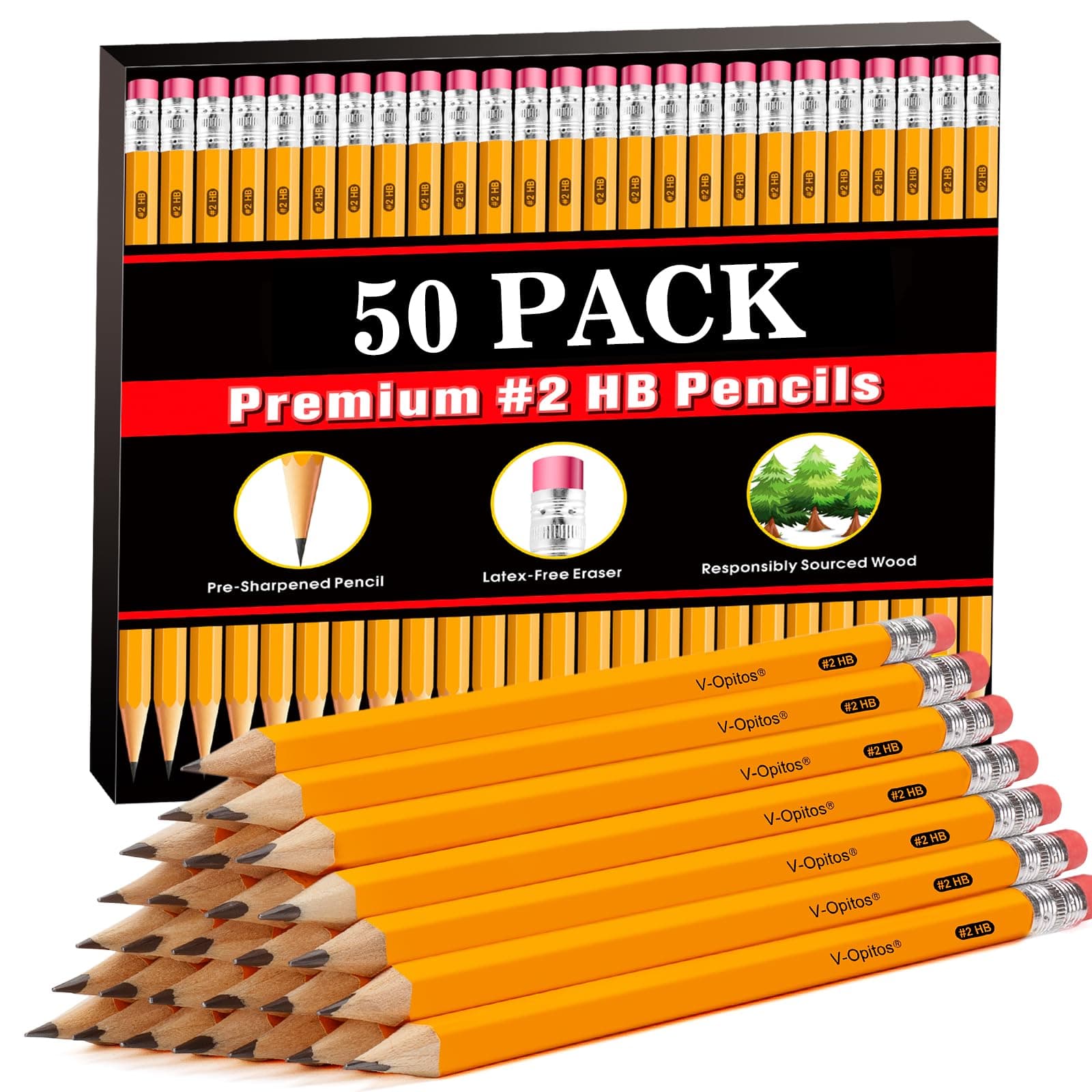 Wood-Cased #2 HB Pencils, 50 Pack Bulk Pre-Sharpened Yellow Pencils with Top Erasers, School Classroom Teacher Supplies, Writing, Drawing and Sketching