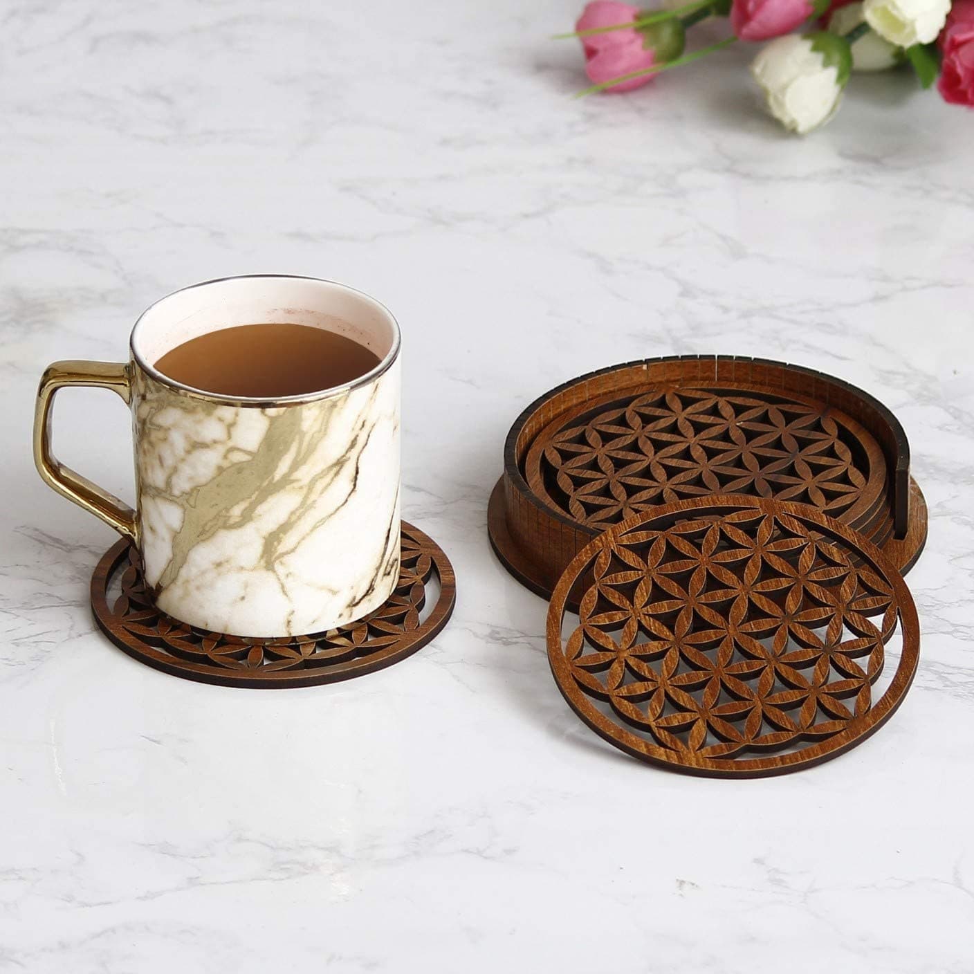 SHREE RAM IMPEX Leaf Design Wooden Tea Cup Coasters Set with Stand for Office Table | Coffee Mug Bar Glass Beer Cans Coasters for Hot Pots-Set of 6 (Tree Shape)