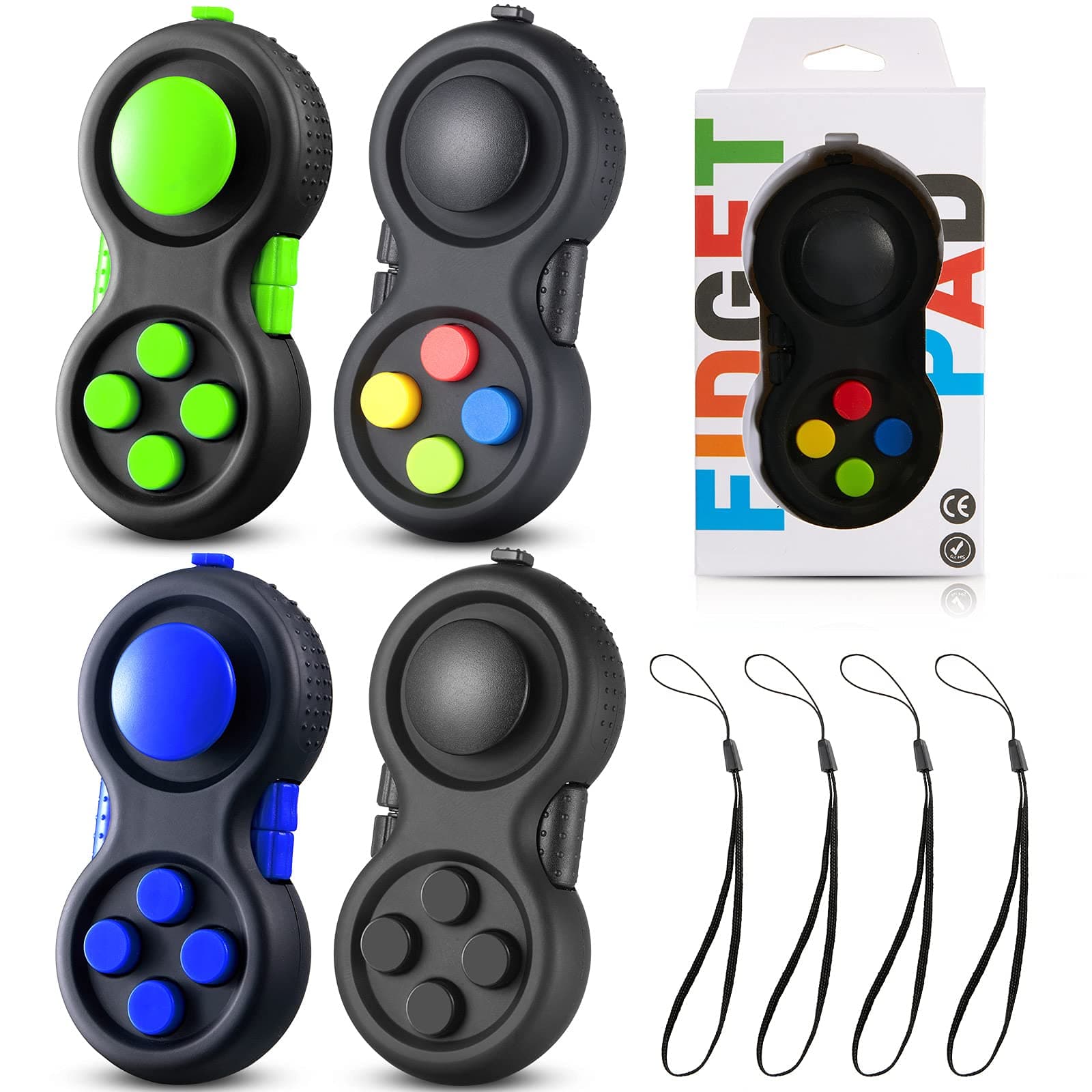 Skylety 4 Pieces Cam Fidget Pad Controller, Fidget Keychain, Mini Game Handheld Pad Anxiety and Stress Relief Sensory Toy with 8 Fun Features and Lanyard for Adult(Assorted Colors)