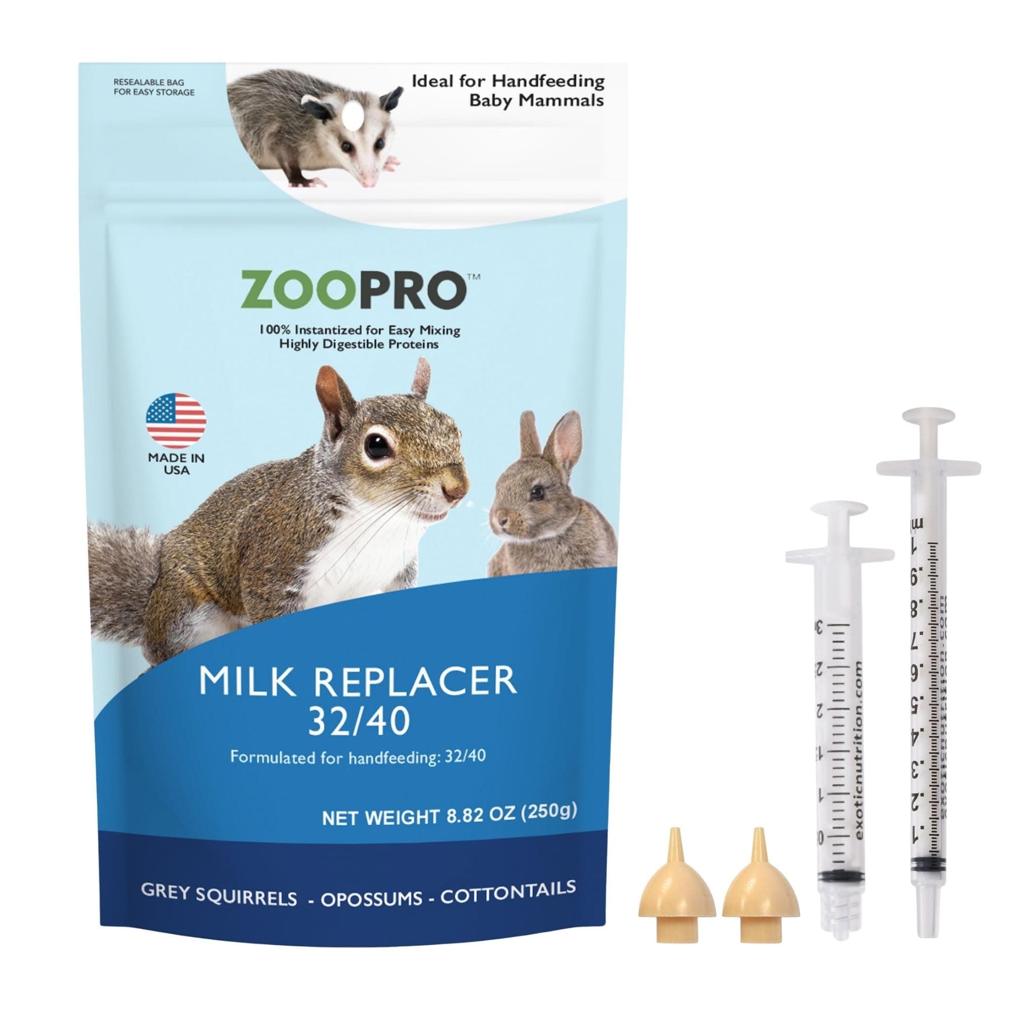 Baby Squirrel Nursing Set (Basic) - Milk Replacer, Feeding Syringes