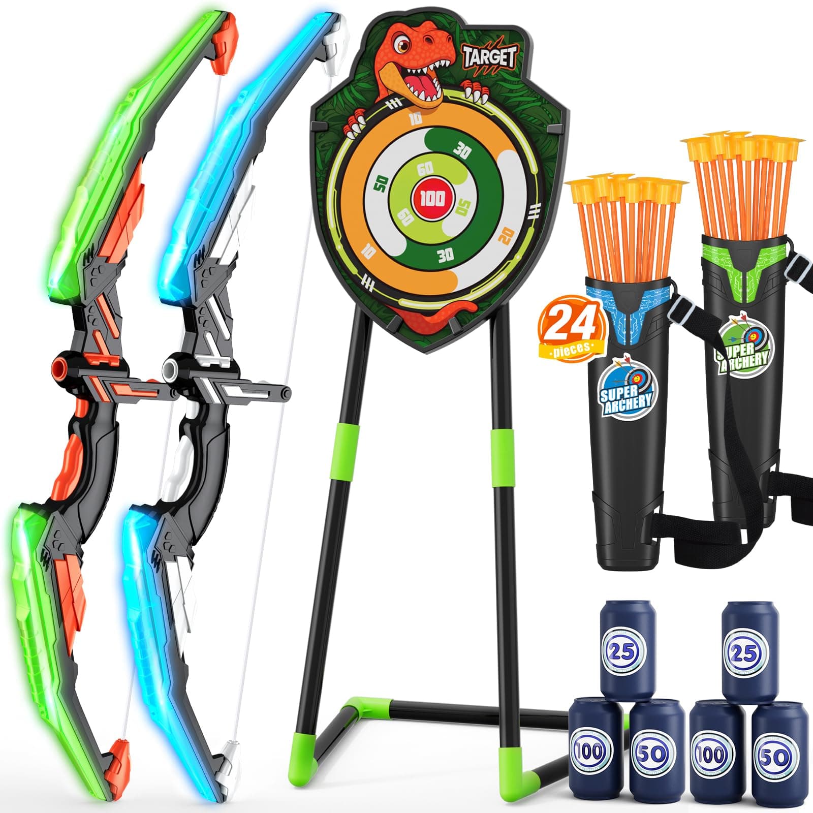 HYES 2 Pack Bow and Arrow for Kids, LED Light Up Archery Set with 24 Suction Cup Arrows, 1 Standing Target, 6 Score Targets & 2 Quiver, Indoor Outdoor Sport Gifts for Boys Girls Ages 4-8