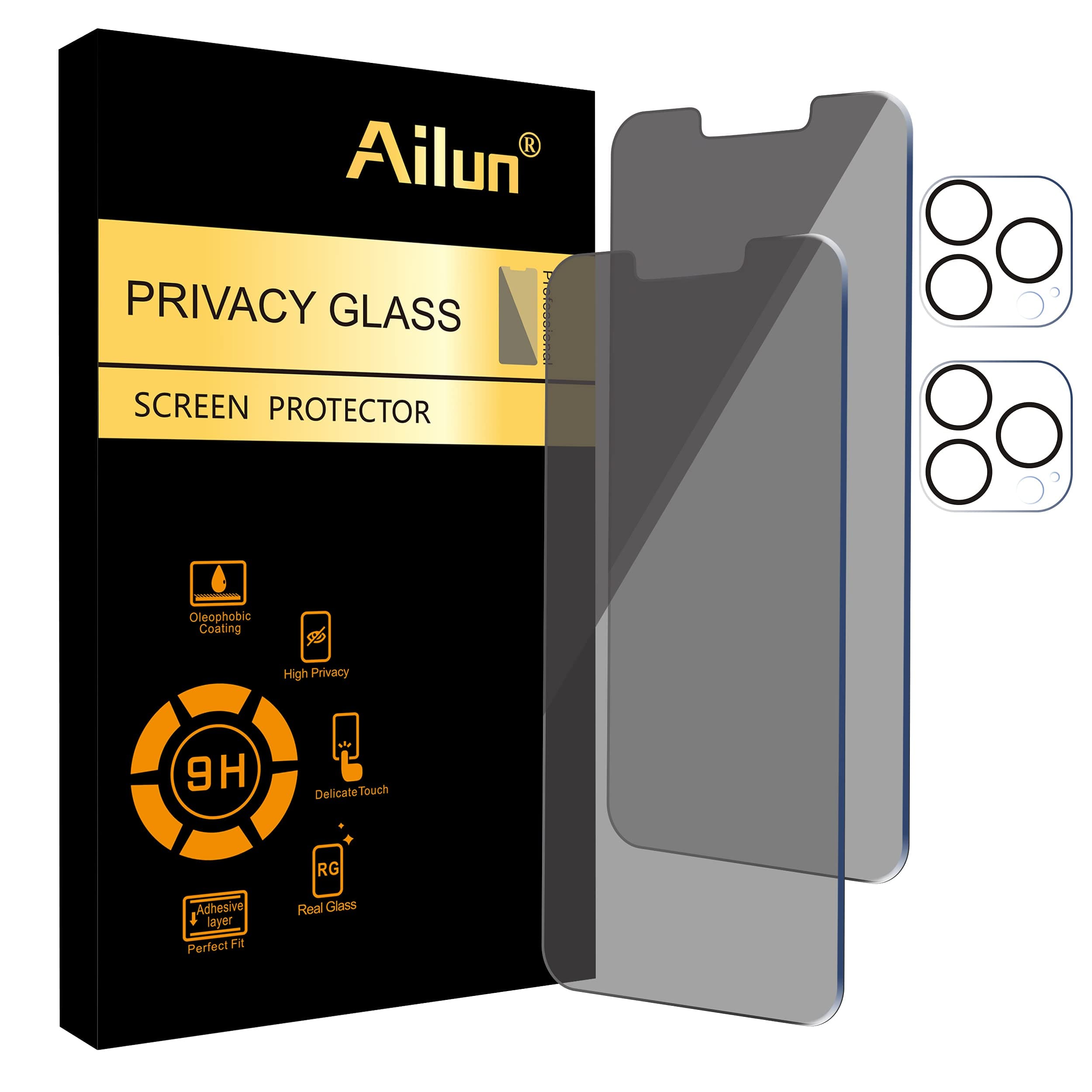 Ailun 2Pack Privacy Screen Protector for iPhone 13 Pro [6.1 inch Display] + 2 Pack Camera Lens Protector, Anti Spy Private Tempered Glass Film,[9H Hardness] - HD