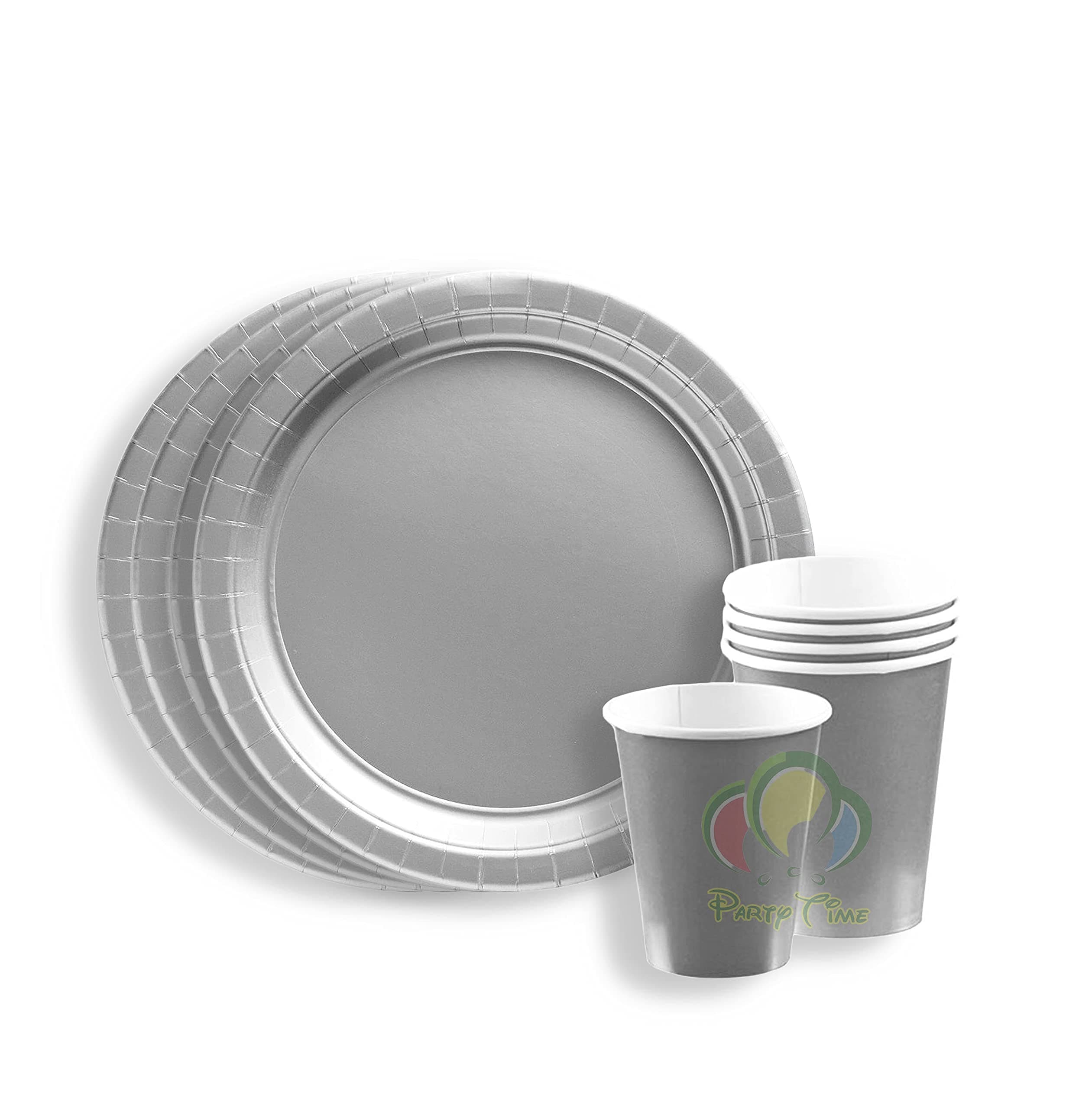PARTY TIME - 12 Pieces Party Supplies Tableware Set Includes 6-9" Paper Dinner Plates 6-9 Oz Cups for Plain Color Theme Disposable Dinnerware Birthday Parties (Silver)