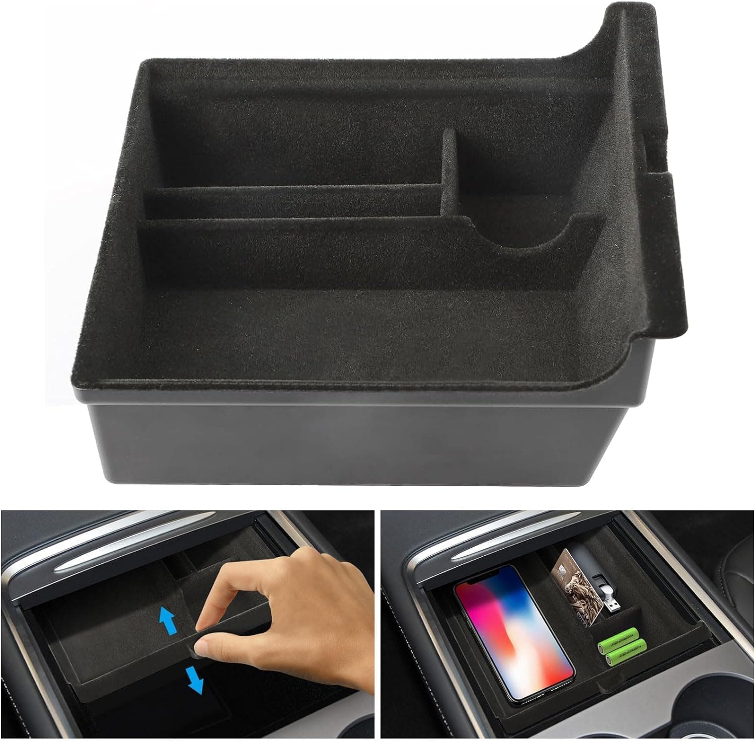 Linkstyle Tesla Model Y Model 3 Center Console Organizer, Car Interior Flocked Armrest Hidden Cubby Drawer Flocking Storage Box Push-Pull Flocking Accessories with Coin and Sunglasses Holder