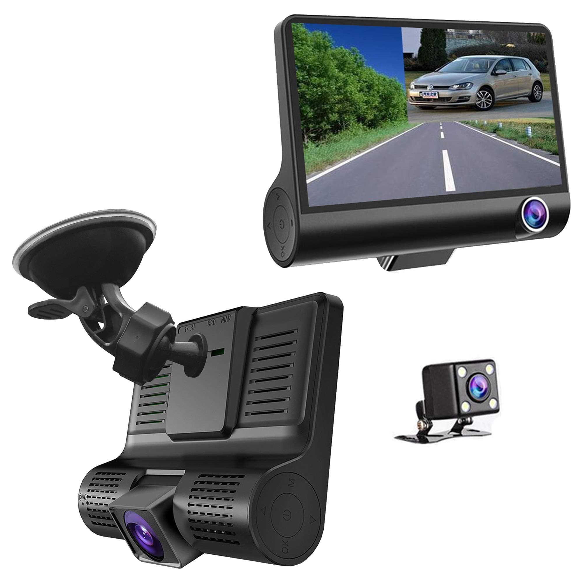 Master Tailgaters 3 Camera Windshield Mount DVR Dash Cam - Records Forward, Cabin & Backup Camera with 4 Inch LCD IPS Screen