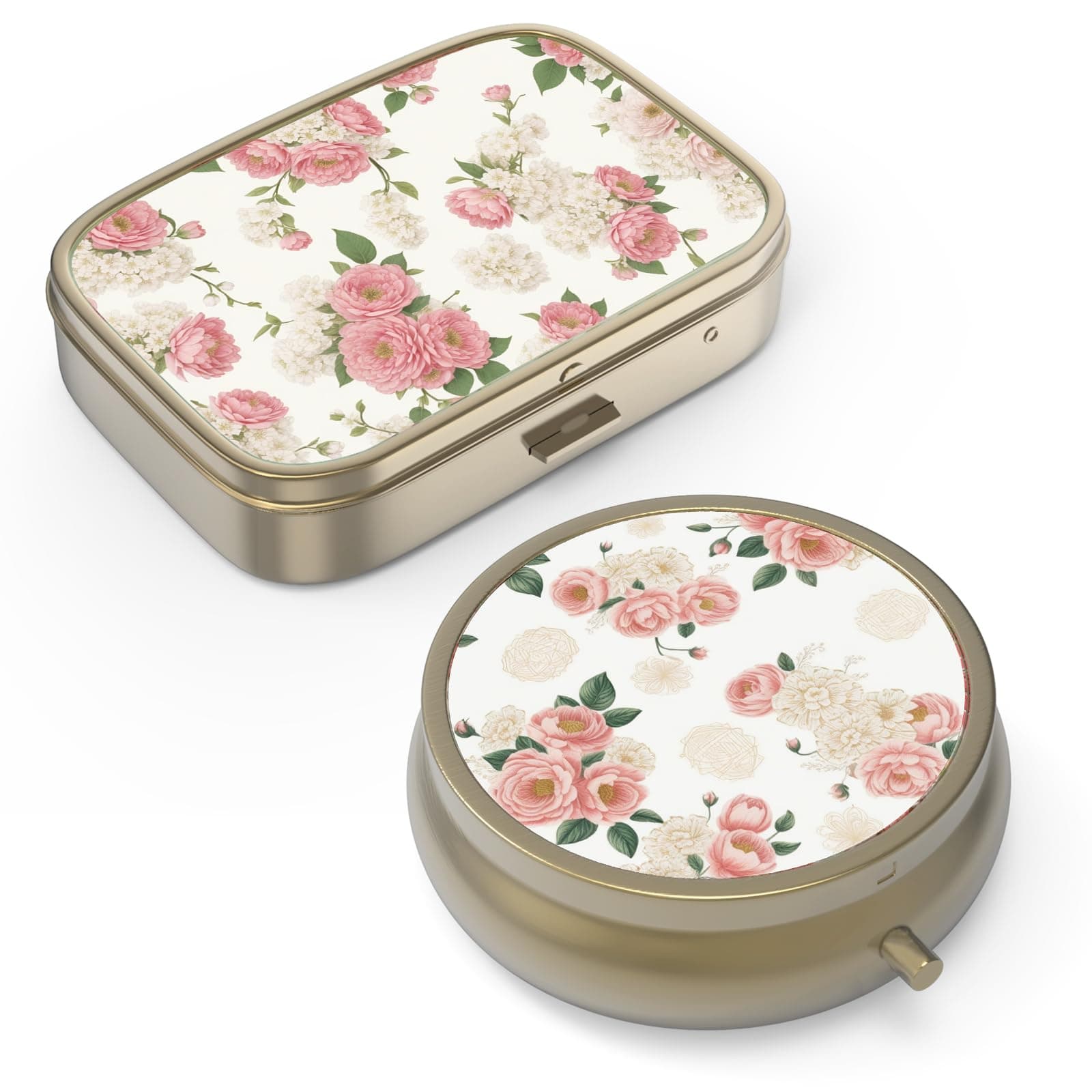 Pill Organizer Pill Box with Mirror Retro Small Pill Case for Purse or Pocket Bronze Pill Box or Vitamins, Fish Oil, Supplements, Pill Containe Travel Gifts（2PCS-Retro Pink Floral）