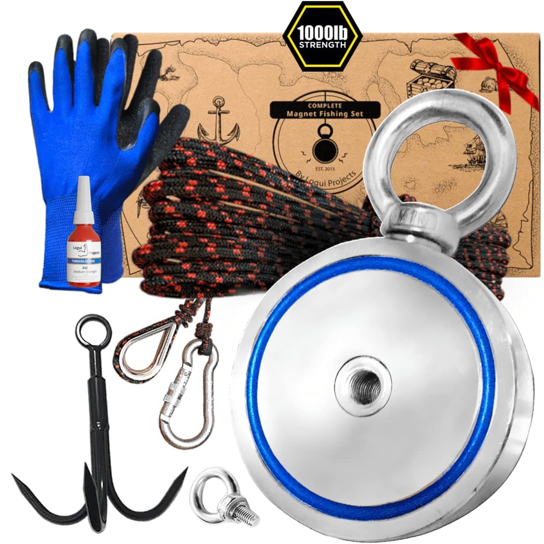 Double Sided Magnet Fishing Kit - 1000 LB Magnet Pull + Black Grappling Hook