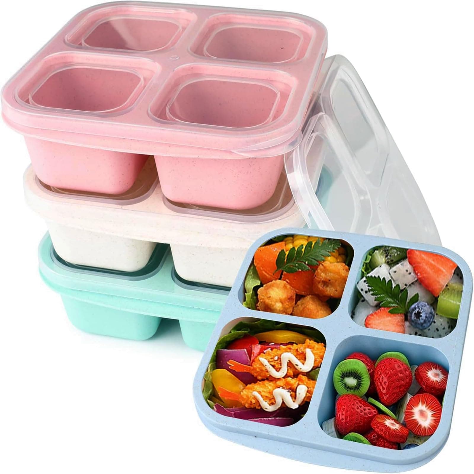 4Pack Snack Boxes with Compartments, Snack Containers for Kids and Adults, 4 Compartments Bento Lunch Boxes, Microwave Safety, Reusable Divided Food Storage Containers for School Work Travel