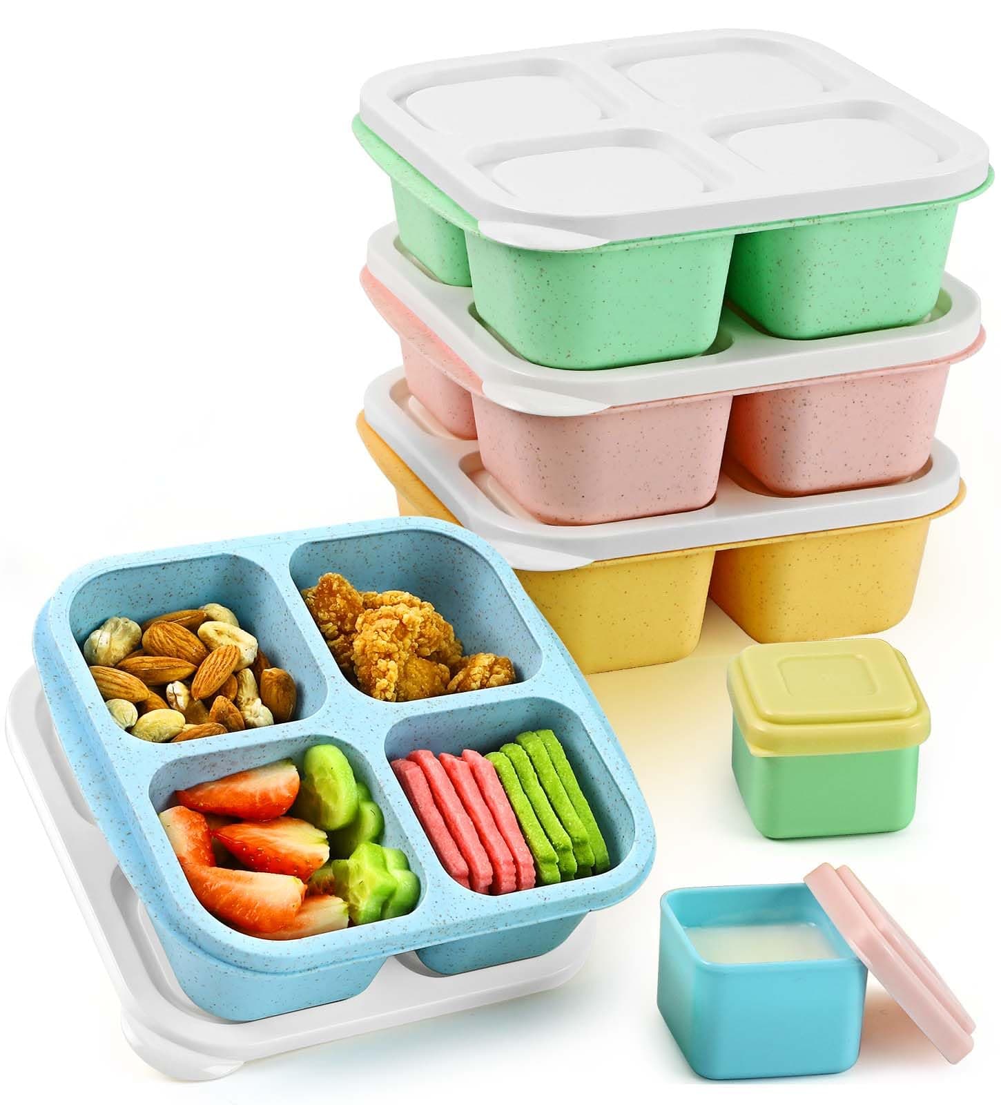 Lunchable Snack Containers - 4 Compartments Bento Snack Boxes (4 Pack) with 2 Leakproof Sauce Cups, Reusable Divided Food Containers for School, Work, Travel (Vintage Colors)