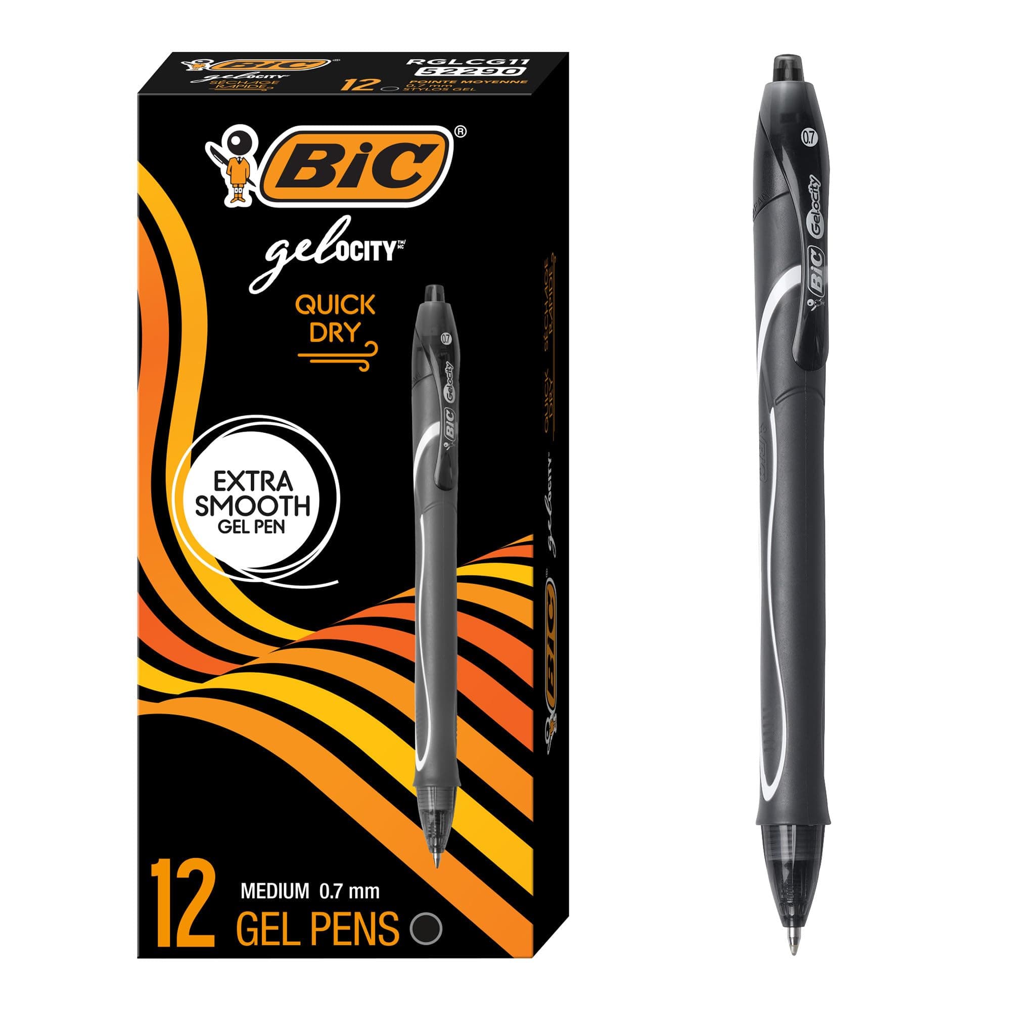 BIC Gel-ocity Quick Dry Retractable Gel Pen, Medium Point (0.7mm), Black, 12-Count