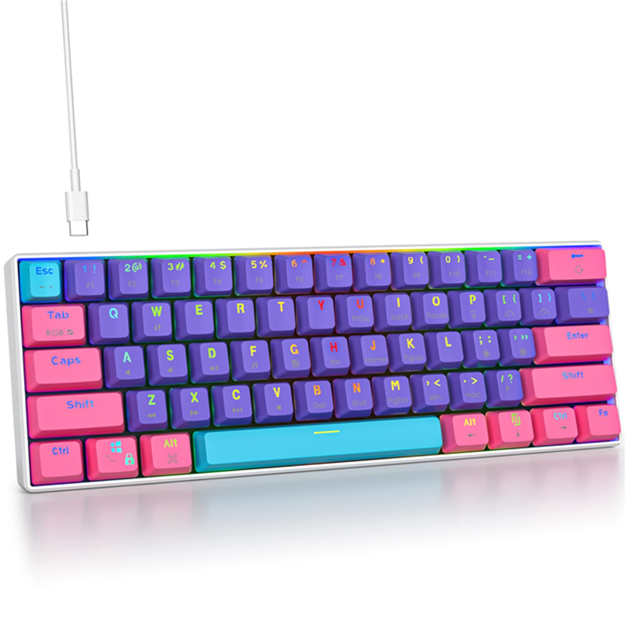 Protable 60% Percent Gaming Keyboard Mechanical, Mini Compact RGB Backlit 61 Keys Wired Office Keyboard with red Switch for Mac/Win (Purple/red Switch)