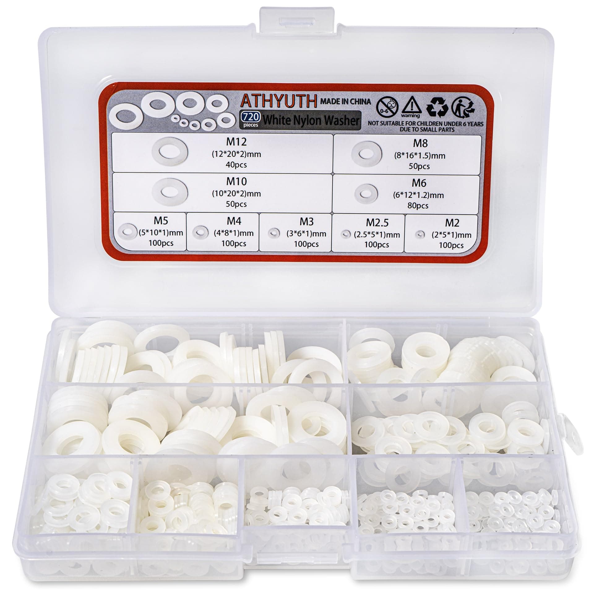 Nylon Flat Washers Assortment Kit for Mechanical and Electrical Use, 9 Sizes White Plastic Washers for M2 M2.5 M3 M4 M5 M6 M8 M10 M12 Screw and Bolt, 720 Pcs Nylon PA66 Insulating Washers