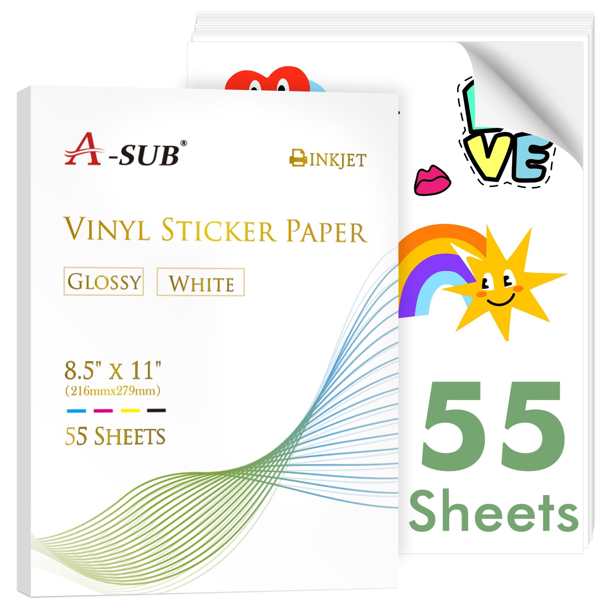 A-SUB 55 Sheets Vinyl Sticker Paper for Inkjet Printer - Glossy Printable Vinyl 8.5x11 Inch Waterproof Sticker Paper for DIY Any Decal You Like