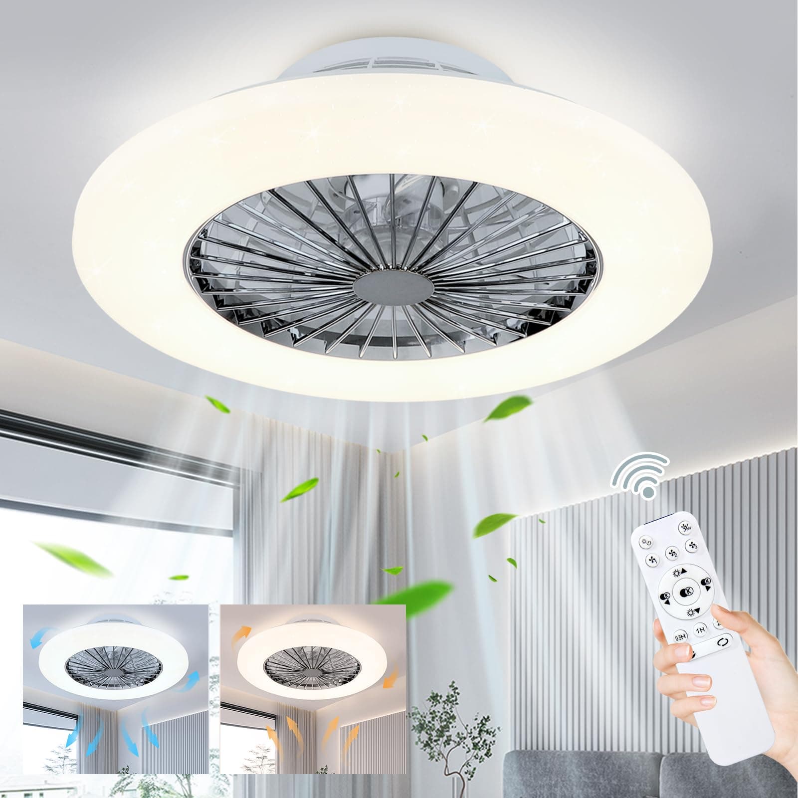DLLT Ceiling Fan with Lights, 20'' Modern Ceiling Fan with Remote Control and Light for Bedroom Living Room Kitchen, Low Profile Ceiling Fans 3 Color Lighting with 7 Blades, Timing,Reversible Motor