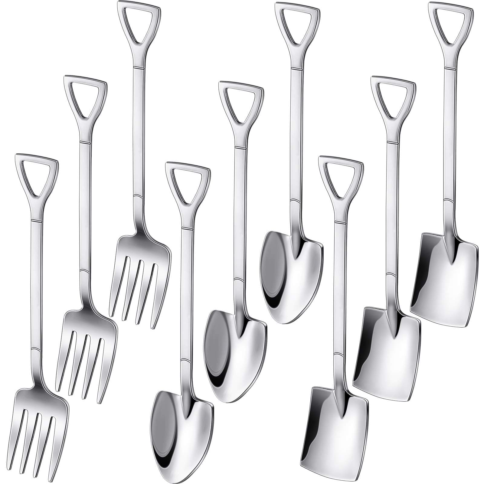 9 Pcs Silver Mini Shovel Spoons and Fork Set for Desserts Include 3 Shovel Shape 3 Pointed and 3 Stainless Steel Fork Ice Cream Spoons for Home Party Kitchen Restaurant Bistro