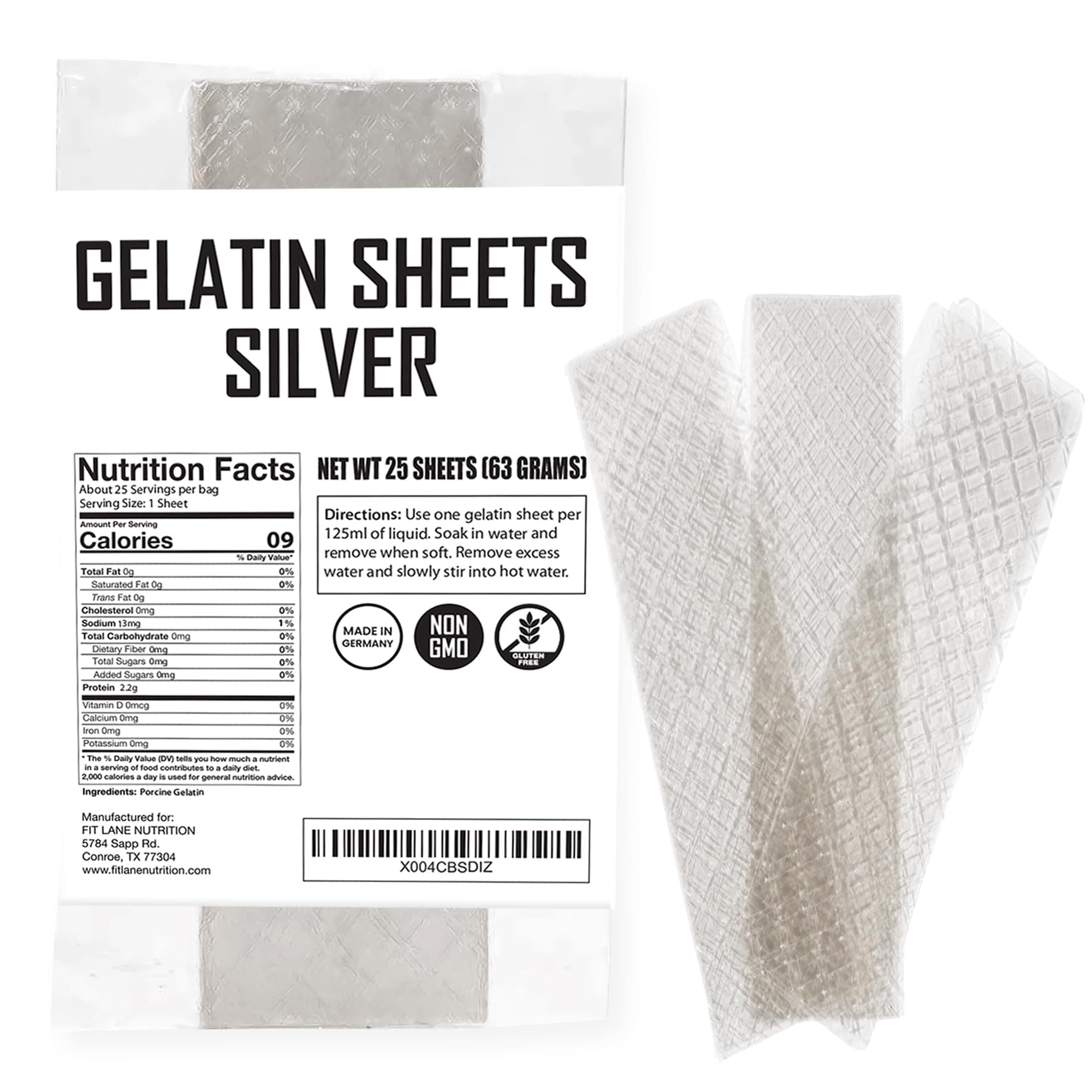 Silver Gelatin Sheets for Baking – 25 Count (63 Grams) – Unflavored Clear Leaf Rectangles for Desserts – 170 Bloom Strength – Product of Germany – Easy to Use – by Fit Lane Nutrition