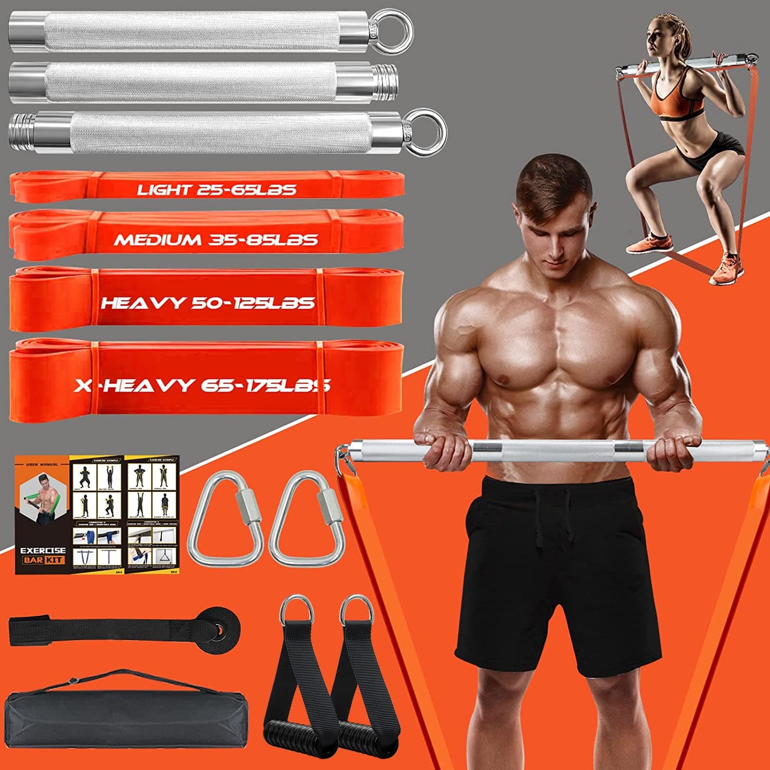 DASKINGFitnessbänder Krafttraining mit Stange, Resistance Bands Set- 4 Widerstandsbänder, Detachable Fitness Bar, Griffe für Klimmzug Bänder -Fitnessgeräte für Zuhause, Home Gym Sport Equipment