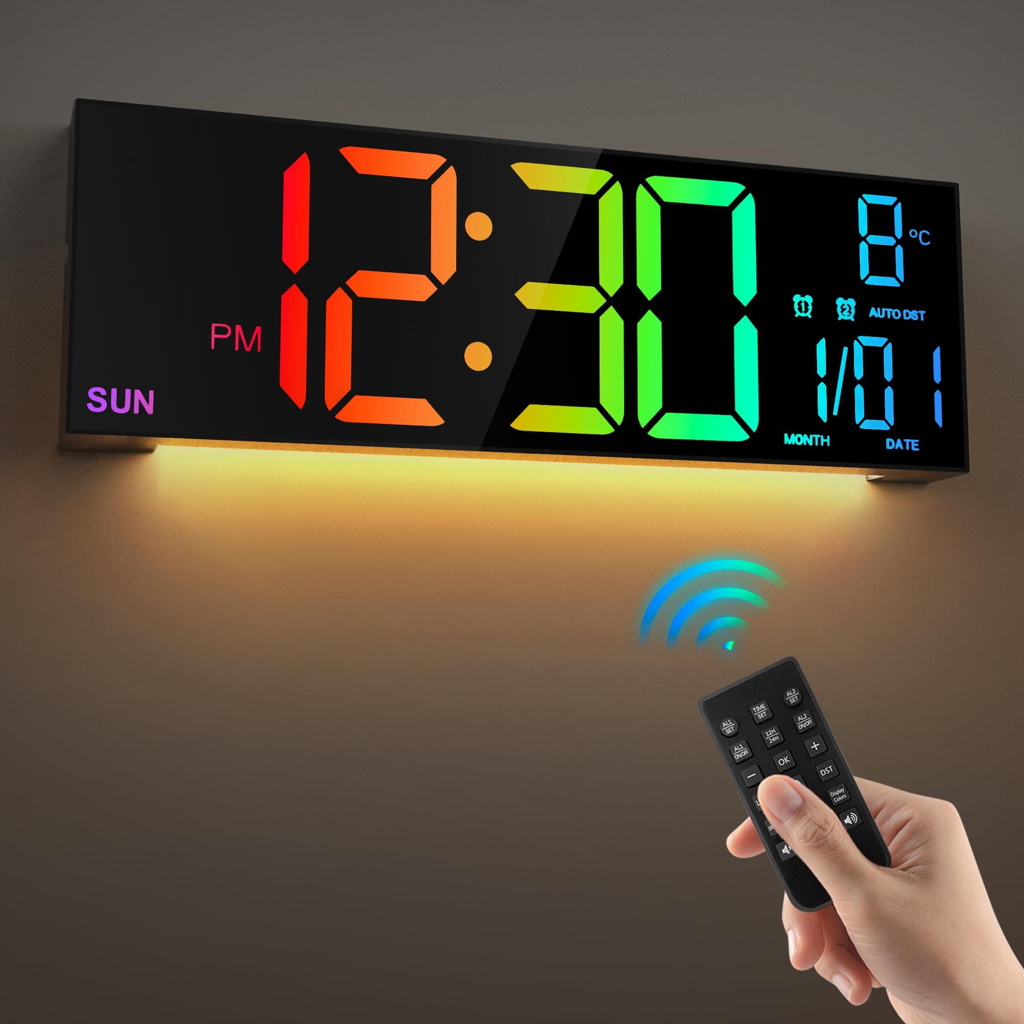 16.5'' Large Digital Wall Clock with Remote Control, Big LED/Dual Alarm/8 RGB Colors/Auto Brightness/Date/Auto DST/Temperature/Night Light Gym Clocks for Living Room Bedroom Office Wall Decor