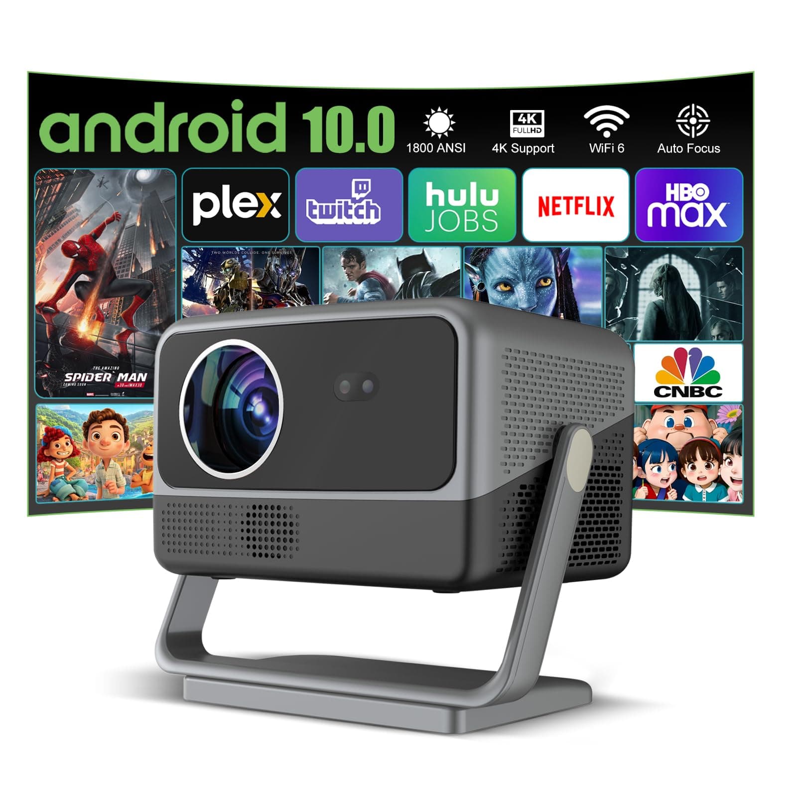 Projector[Android10.0/Auto focus] 4K Support with WiFi 6 and BT 5.3,1800ANSI Movie Projector, Native 1080P Full HD Video Projector,Auto Keystone Correction home theater N1 PRO