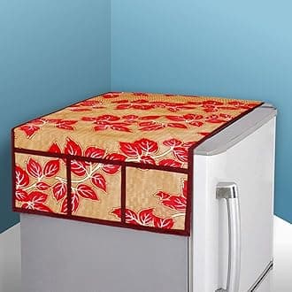 Kuber Industries Fridge Top Cover | Fridge Top Cover with Pockets | Refrigerator Top Cover for Kitchen | Fridge Top Cover with 6 Utility Pockets | Leaf Print Fridge Cover | Red