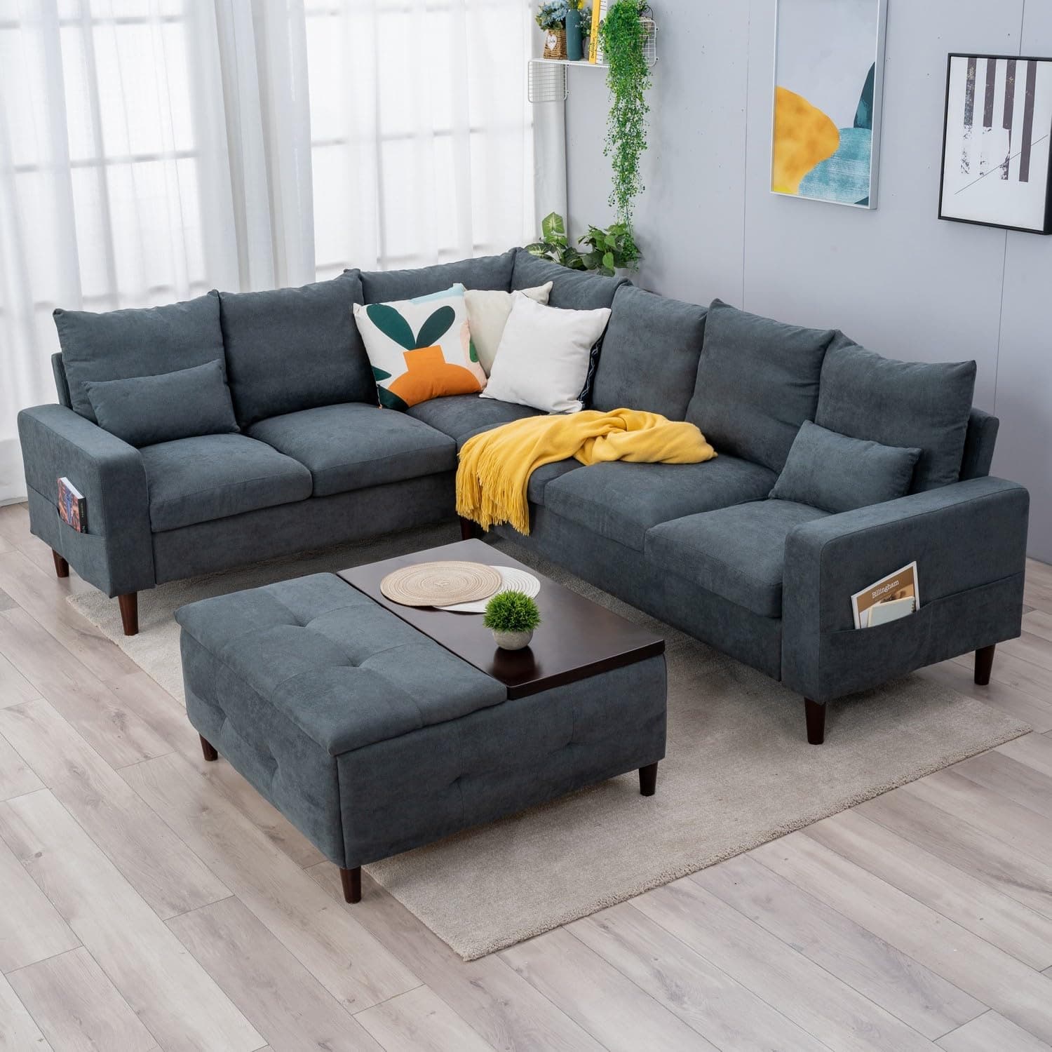Panana L Shape Sectional Corner Sofa, 3 Seater ansd 2 Seater Corner Couch, Upholstered Linen Fabric Suite with Solid Wood Legs and CUshion Backrest For Living Room Lounge, Grey
