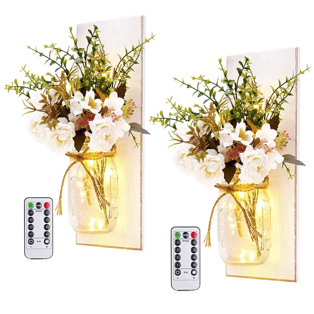 Rustic Wall Sconces Mason Jar Sconces Handmade Wall Art Hanging Design with Remote Control LED Fairy Lights and White Peony, Christmas Decor Gifts Farmhouse Home Decor Living Room Lights Set of Two